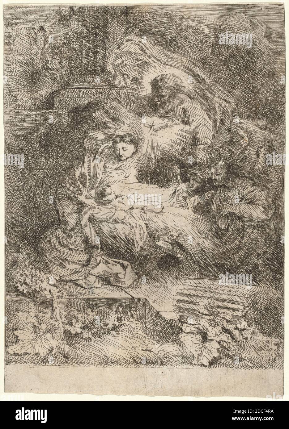 Salvatore Castiglione, (artiste), Italien, 1620 - 1676, Giovanni Benedetto Castiglione, (artiste), Italien, 1609 - 1664, la Nativité avec Dieu le Père et le Saint-Esprit, c. 1645, gravure sur papier coupi, feuille (découpée à l'intérieur du repère de la plaque) : 28.2 x 19.9 cm (11 1/8 x 7 13/16 po Banque D'Images Salvatore Castiglione, (artiste), Italien, 1620 - 1676, Giovanni Benedetto Castiglione, (artiste), Italien, 1609 - 1664, la Nativité avec Dieu le Père et le Saint-Esprit, c. 1645, gravure sur papier coupi, feuille (découpée à l'intérieur du repère de la plaque) : 28.2 x 19.9 cm (11 1/8 x 7 13/16 po Banque D'Images