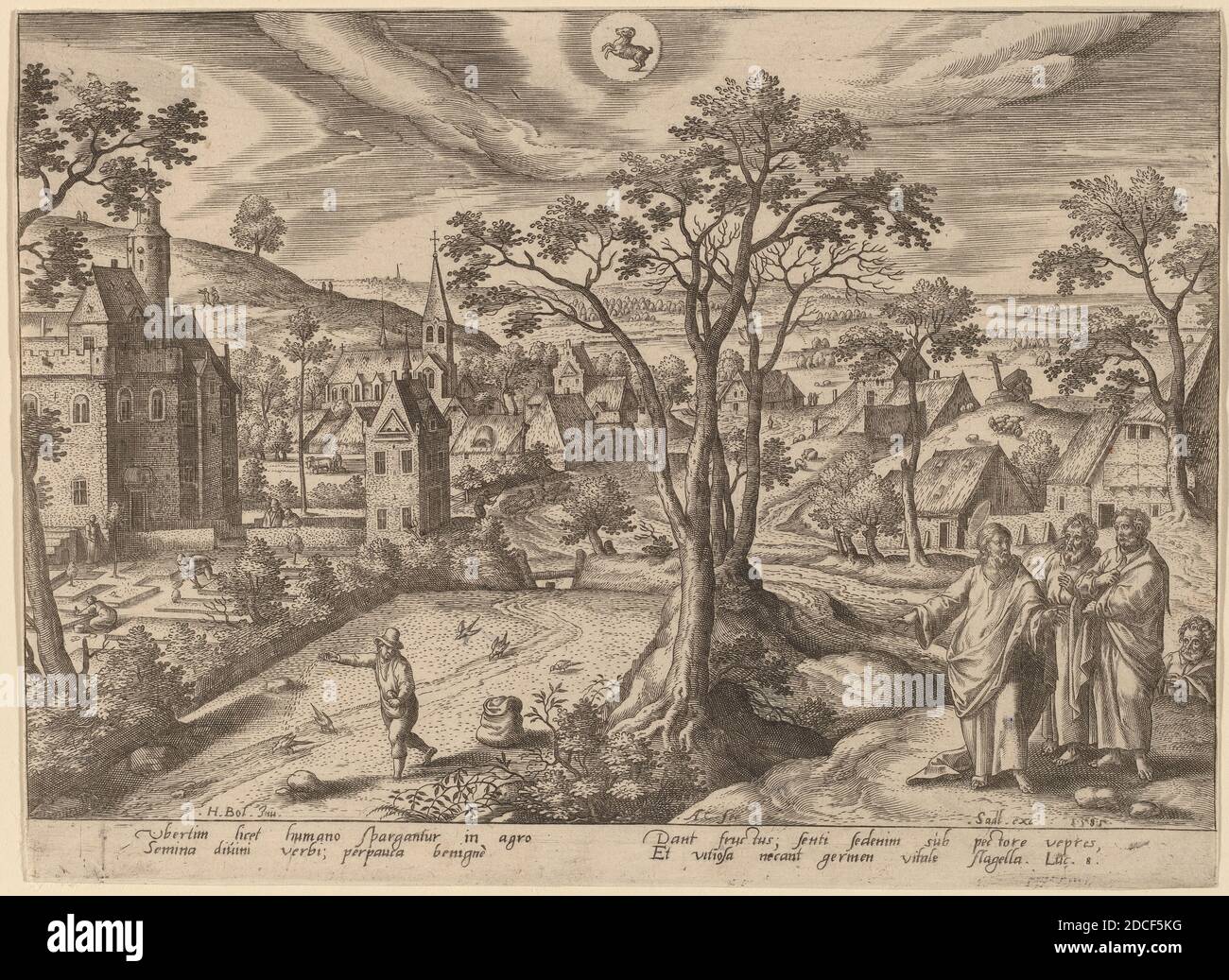Adriaen Collaert, (artiste), Flamand, c. 1560 - 1618, Hans bol, (artiste après), Netherlandish, 1534 - 1593, Jan Sadeler I, (éditeur), Flamand, 1550 - 1600, la parabole du Sower, Emblemata Evangelica ad XII Signa Coelestia Sive (scènes de la vie du Christ), (série), 1585, taillé sur papier couté, feuille (gravure sur platemark) : 15.2 × 20.7 cm (6 × 8 1/8 po Banque D'Images