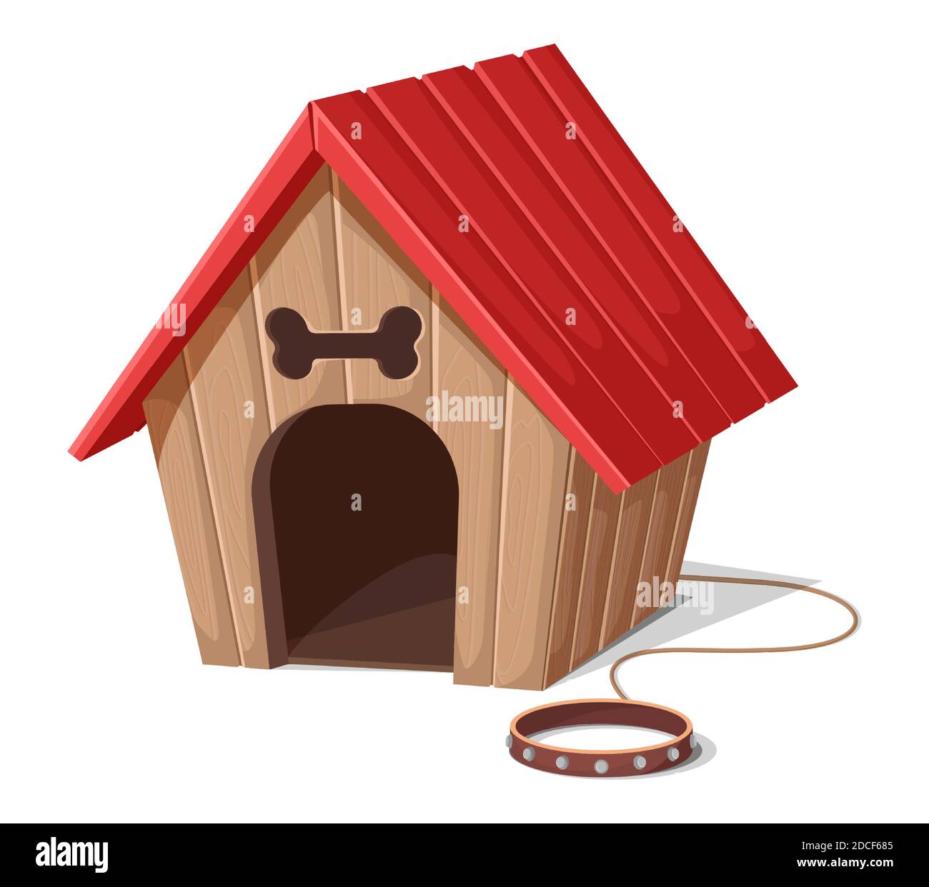 Maison de chien de style dessin animé vectoriel avec corde et collier rouge. Isolé sur fond blanc. Illustration de Vecteur