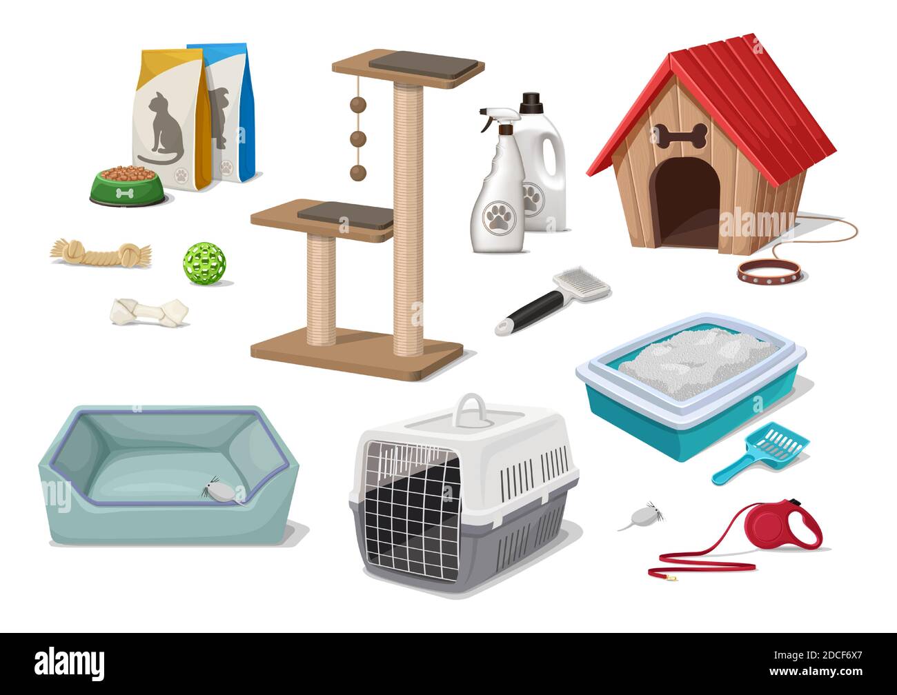Vector dessin animé magasin d'animaux de compagnie supermarché chien et chat litière, maison, arbre de jeu, jouets, outils de toilettage, pack alimentaire. Illustration de Vecteur Vector dessin animé magasin d'animaux de compagnie supermarché chien et chat litière, maison, arbre de jeu, jouets, outils de toilettage, pack alimentaire. Illustration de Vecteur