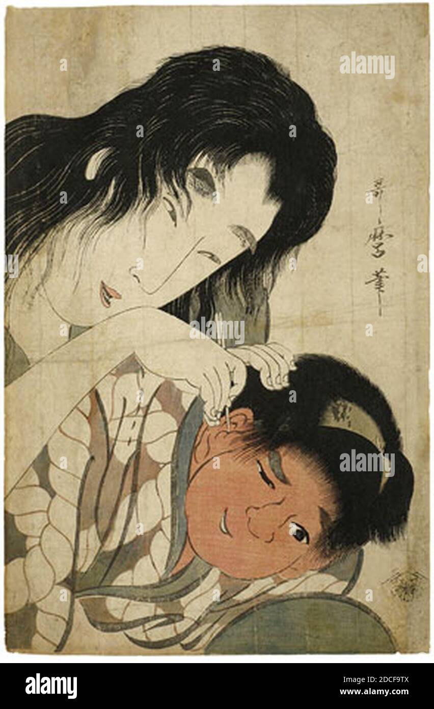 Kitagawa Utamaro - Yamauba et Kintarō - nettoyage des oreilles. Banque D'Images