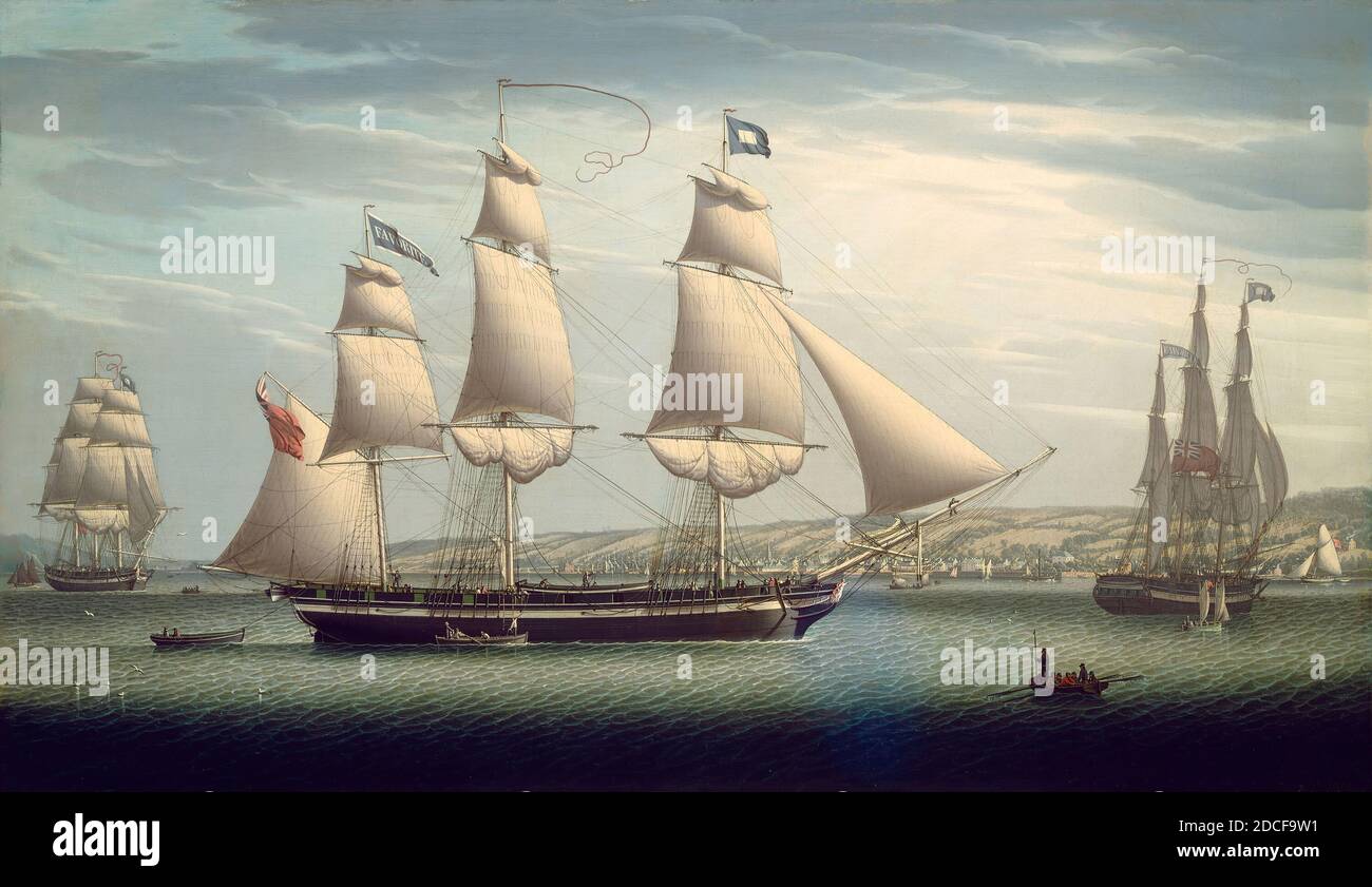 Robert Salmon, (artiste), américain, né en Angleterre, 1775 - c. 1845, le navire « préféré » manœuvrant au large de Greenock, 1819, huile sur toile, hors tout : 76.2 x 128.3 cm (30 x 50 1/2 po.), encadré : 96.5 x 149.9 x 9.8 cm (38 x 59 x 3 7/8 po Banque D'Images