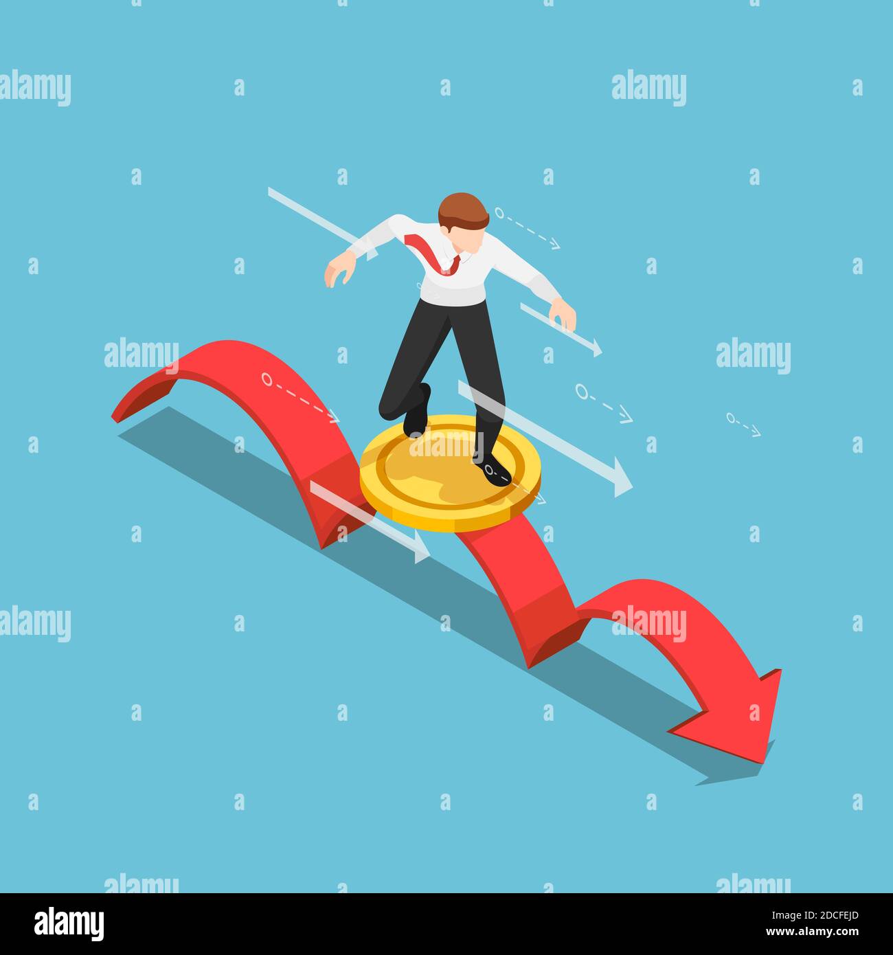 Flat 3d Isométrique homme d'affaires utilisant la pièce d'or comme surf sur la flèche rouge. Concept d'investissement financier et boursier. Illustration de Vecteur