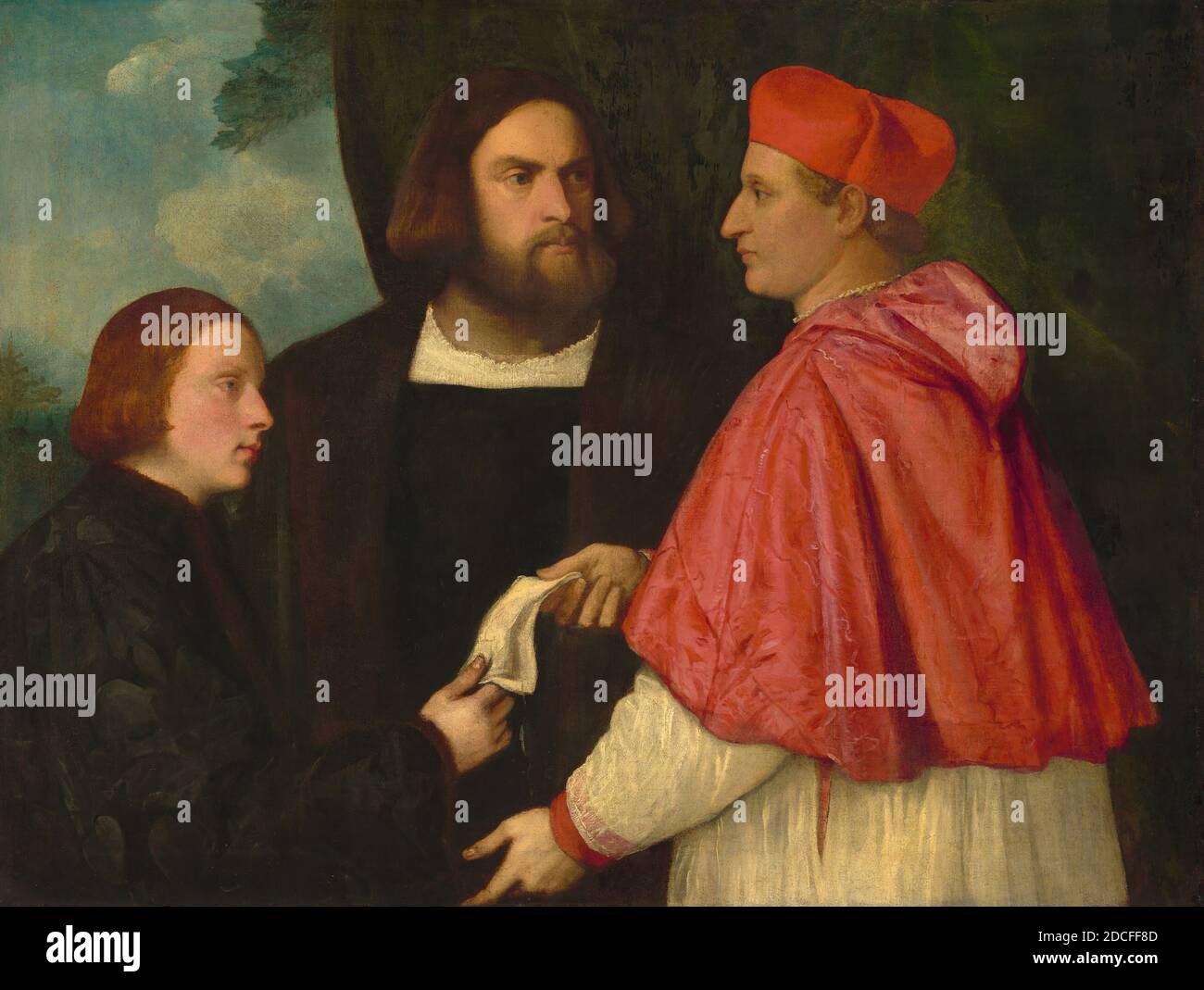 Artiste anonyme, (peintre), Titien, (artiste apparenté), Venetian, 1488/1490 - 1576, Girolamo et le Cardinal Marco Corner investissant Marco, Abbé de Carrara, avec son Benefice, c. 1520/1525, huile sur toile, hors tout: 99.8 x 132.1 cm (39 5/16 x 52 in.), encadré: 137.8 x 170.2 x 11.6 cm (54 1/4 x 67 x 4 9/16 in Banque D'Images