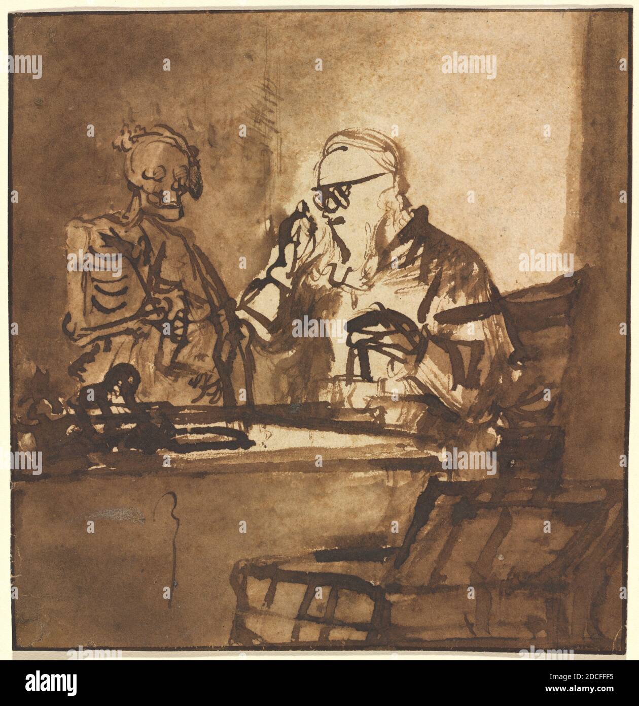 Nicolaes Maes, (artiste), néerlandais, 1634 - 1693, Death and the Miser, 1650/1655, stylo et encre brune avec lavage brun sur papier couté, total: 17.1 x 16.5 cm (6 3/4 x 6 1/2 po Banque D'Images