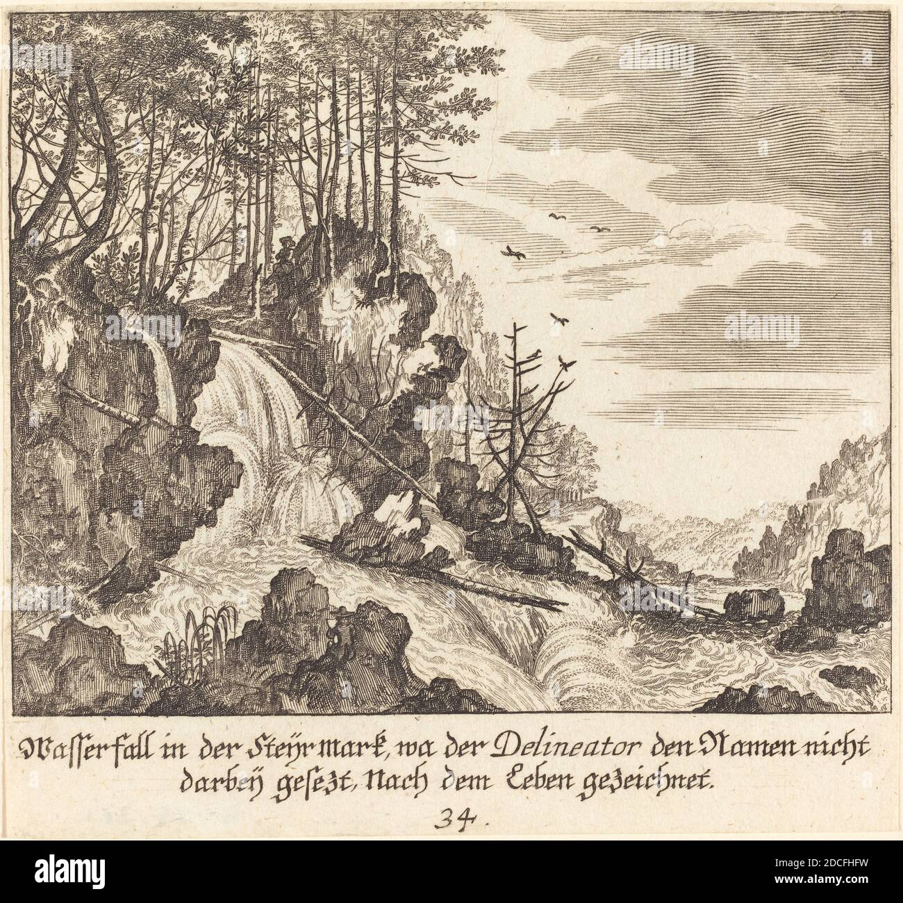 Melchior Küsel, (artiste), allemand, 1626 - 1683, Johann Wilhelm Baur, (artiste d'après), allemand, 1607 - 1641, Waterfall, Underschildliche Prospecten, (série), 1681, gravure Banque D'Images