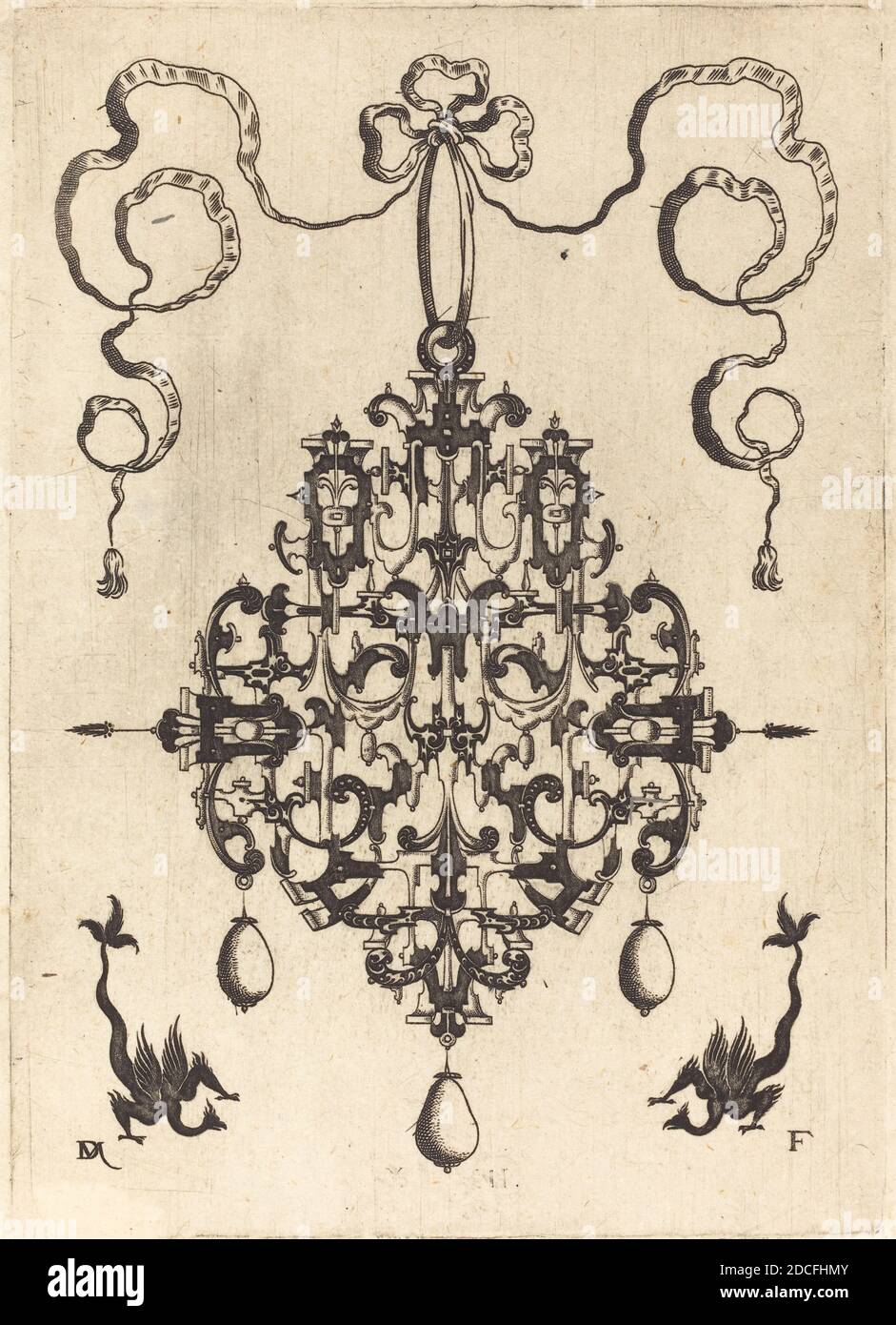 Daniel Mignot, (artiste), allemand, actif 1593/1596, grand pendentif, deux créatures fantaisie avec de longues queues en bas, grands Pendants: pl.3, (série), 1596, gravure Banque D'Images