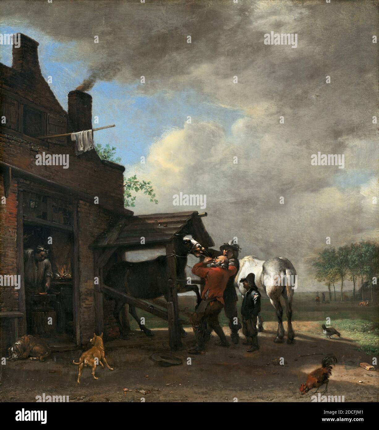 Paulus Potter, (artiste), néerlandais, 1625 - 1654, A Farrier's Shop, 1648, huile sur panneau, total: 48.3 x 45.7 cm (19 x 18 in.), encadré: 71.12 × 68.58 × 7.62 cm (28 × 27 × 3 in Banque D'Images