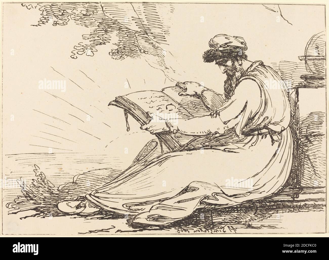 Henry Singleton, (artiste), Britannique, 1766 - 1839, Oriental avec Beard, lecture d'un livre, spécimens de polyautographie, (série), 1803, lithographie stylo-et-tusche Banque D'Images