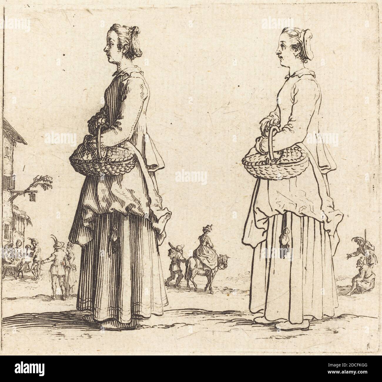 Jacques Callot, (artiste), Français, 1592 - 1635, paysanne avec panier, en profil, face à gauche, diverses figures, (série), 1617 et 1621, gravure Banque D'Images