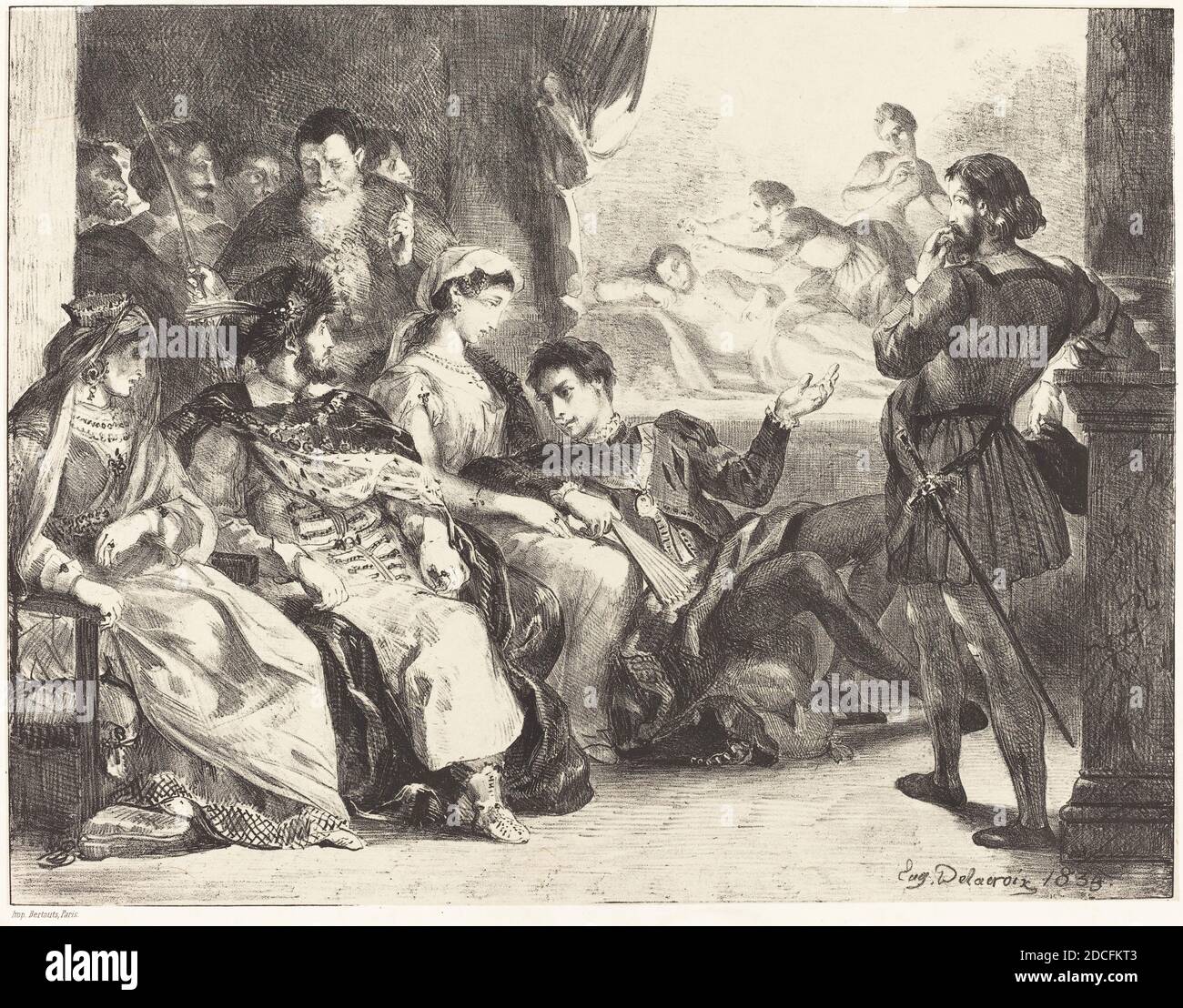 Eugène Delacroix, (artiste), français, 1798 - 1863, joueurs mettant en cause l'empoisonnement du Père de Hamlet (Act III, Scne II), 'Hamlet' de Shakespeare, (série), 1835, lithographie Banque D'Images