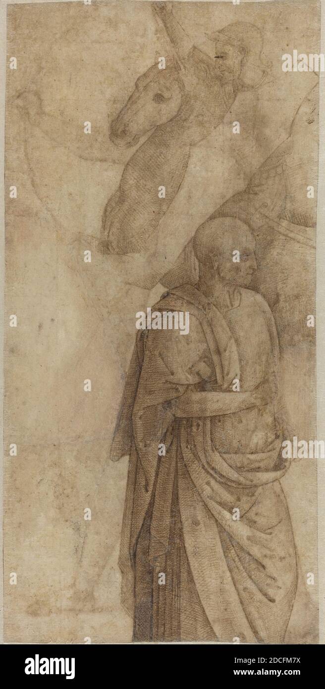 Artiste anonyme, (artiste), Pietro Perugino, (artiste apparenté), Umbrian, c. 1450 - 1523, Rider et Standing Draped Man, d'après l'Antique, c. 1500, stylo et encre brune sur papier coupi, total : 26.9 x 13.2 cm (10 9/16 x 5 3/16 po Banque D'Images