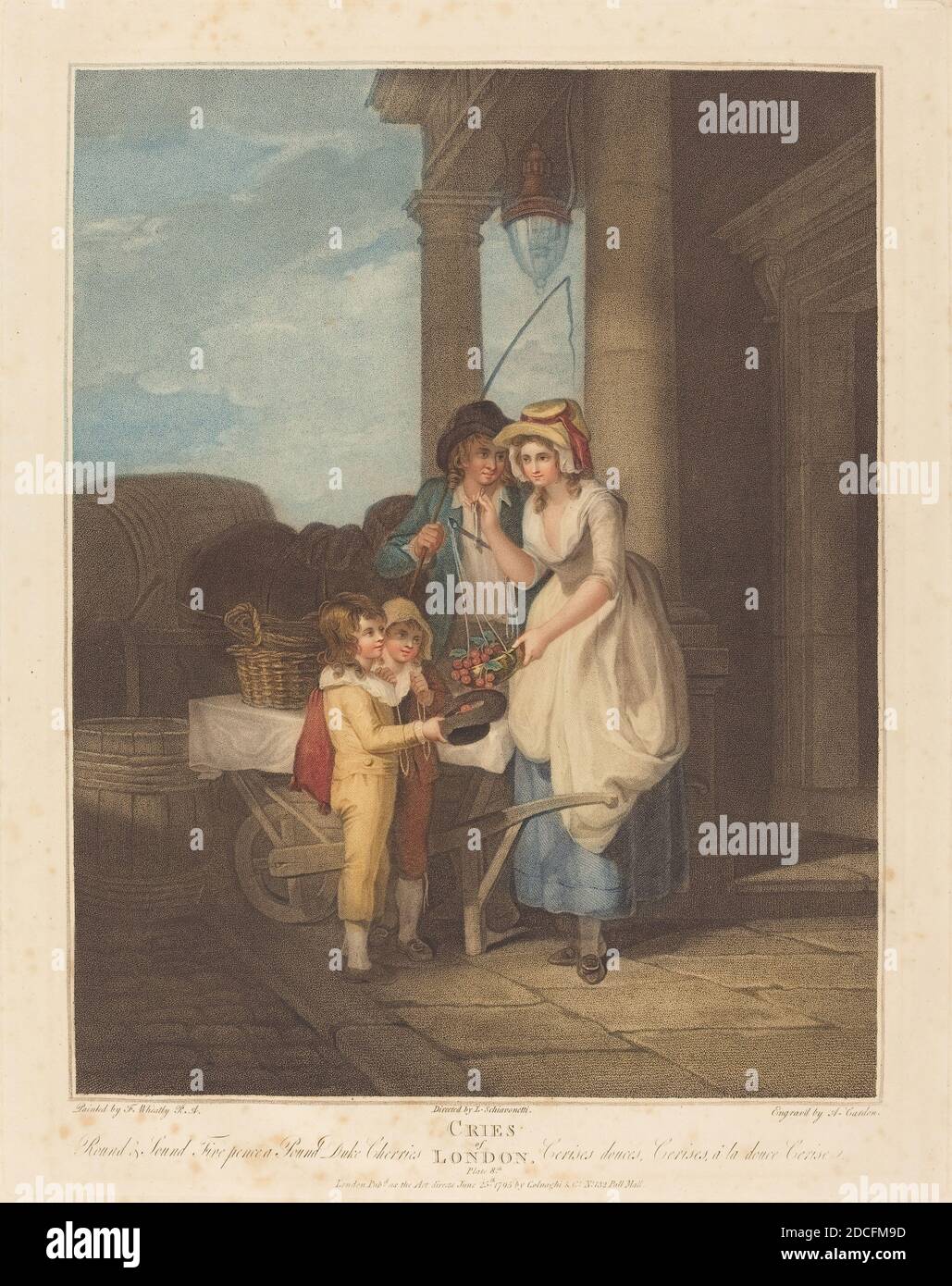 Anthony Cardon, (artiste), British, 1772 - 1813, Francis Wheatley, (artiste après), British, 1747 - 1801, Round and Sound, Five Pence a Pound, Duke Cherries, The cries of London, (série), publié en 1795, gravure en pointillés colorés Banque D'Images