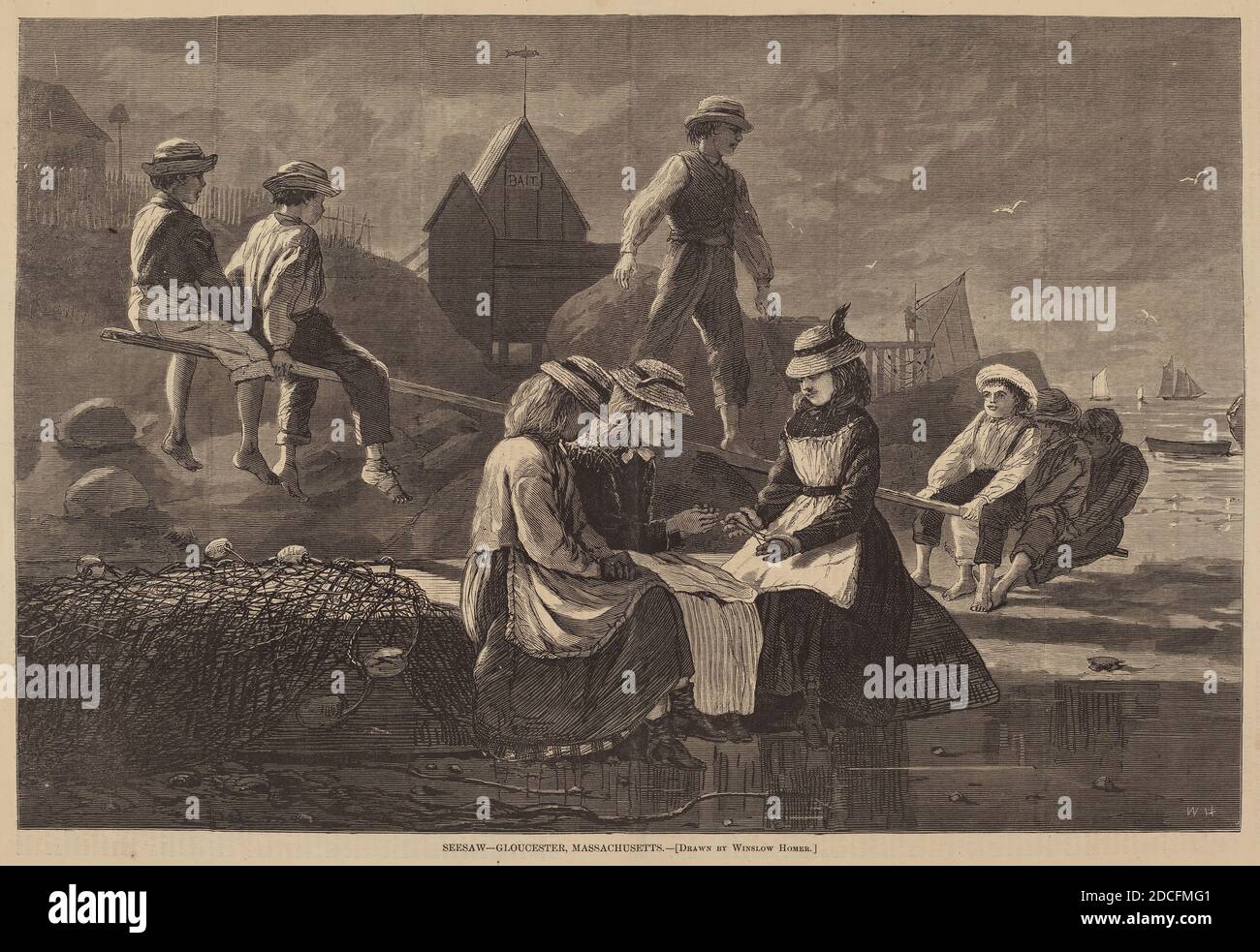American 19e Century, (artiste), Winslow Homer, (artiste après), American, 1836 - 1910, seesaw - Gloucester, Massachusetts, de 'Harper's Weekly', 12 septembre 1874, p. 757, (série), publié en 1874, gravure sur bois Banque D'Images