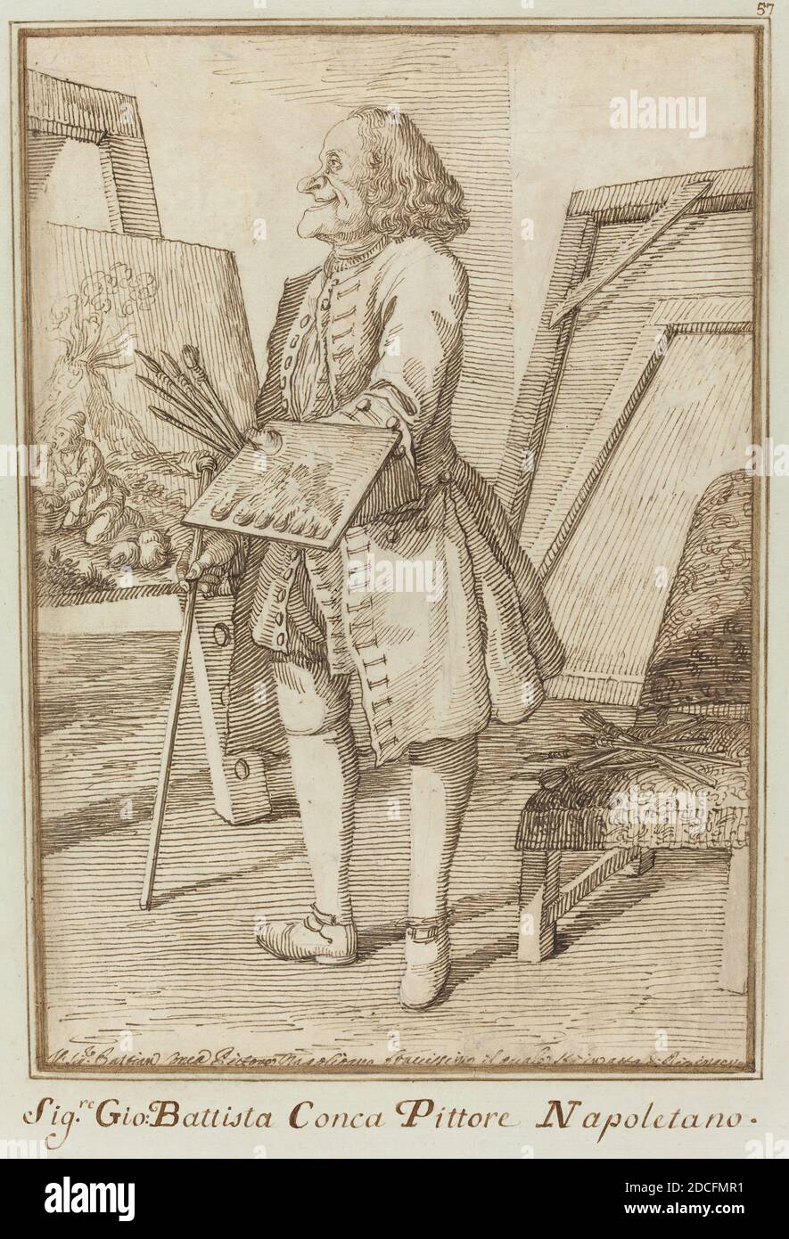 Pier Leone Ghezzi, (artiste), Roman, 1674 - 1755, signore Sebastiano Conca, Pittore Napoletano (signore Sebastiano Conca, peintre napolitain), 1734/1755, stylo et encre marron sur craie noire sur papier posé monté sur la page de l'album, feuille: 31.6 x 21.5 cm (12 7/16 x 8 7/16 po), support: 48 x 38 cm (18 7/8 x 14 15/16 po Banque D'Images