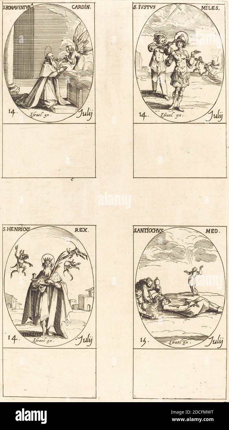 Jacques Callot, (artiste), français, 1592 - 1635, Saint-Bonaventura; Saint-Jutus; Saint-Henri, empereur; Saint-Antiochus, Calendrier des Saints, (série), gravure Banque D'Images