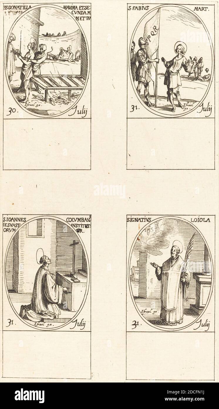 Jacques Callot, (artiste), français, 1592 - 1635, STS. Donatilla, Maxima & Secunda ; St. Fabius ; St. John Colombini; Saint Ignatius Loyola, le Calendrier des Saints, (série), gravure Banque D'Images