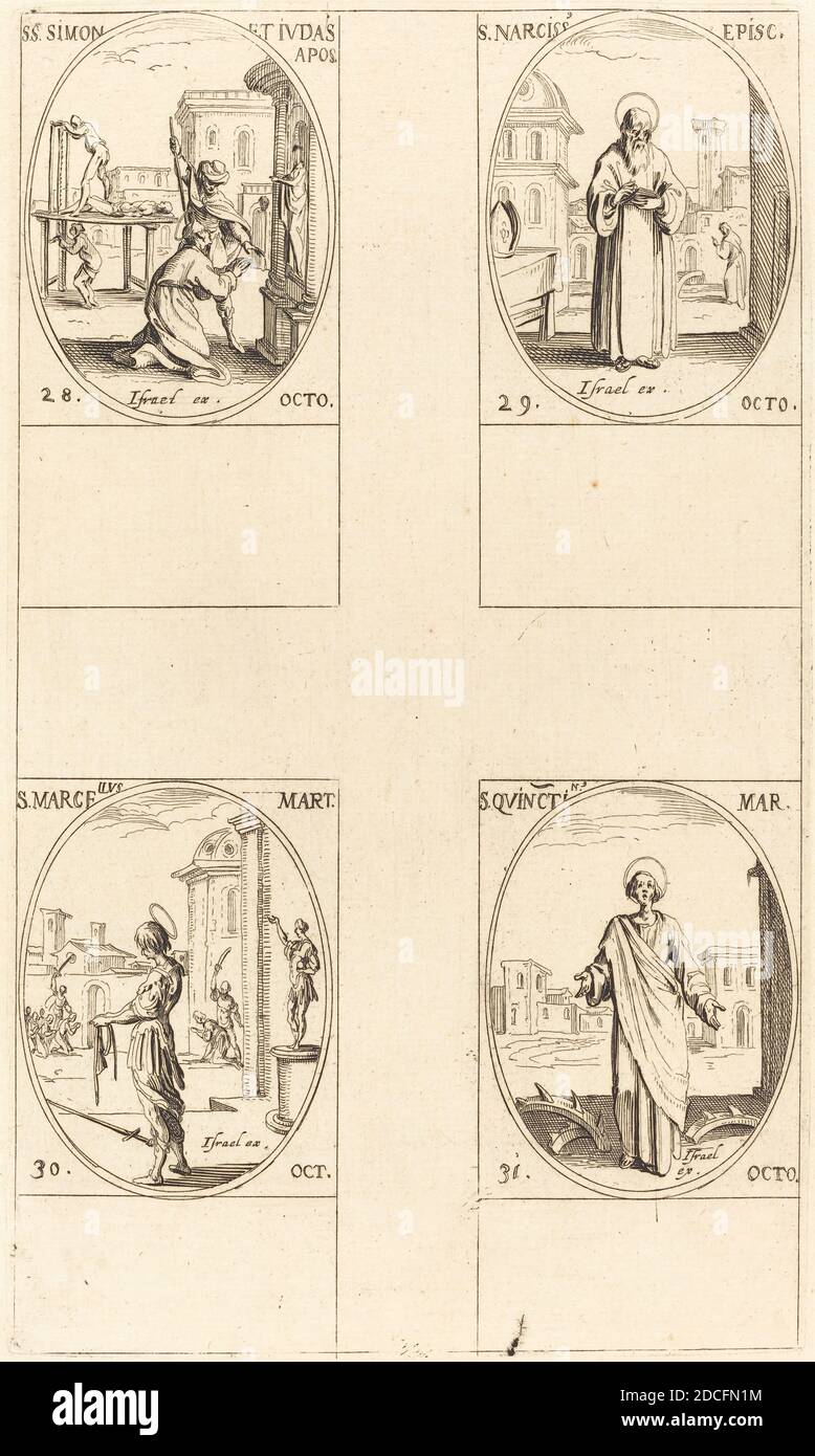 Jacques Callot, (artiste), français, 1592 - 1635, STS. Simon et Jude, Apôtres; Saint-Narcisse; Saint-Marcellus; Saint-Quintin, Calendrier des Saints, (série), gravure Banque D'Images