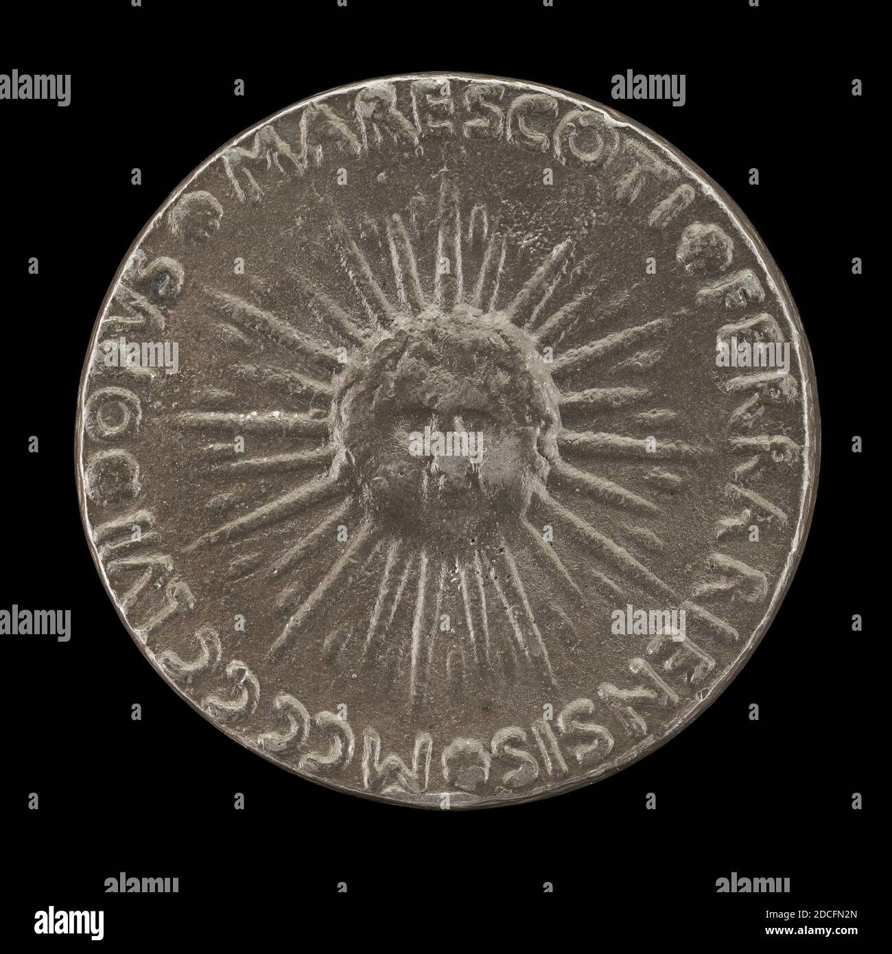 Antonio Marescotti, (artiste), Ferrarese, actif 1444/1462, Sunburst avec tête de Cherub, plomb, diamètre total: 4.92 cm (1 15/16 in.), poids brut: 77.64 gr (0.171 lb.), axe: 12:00 Banque D'Images
