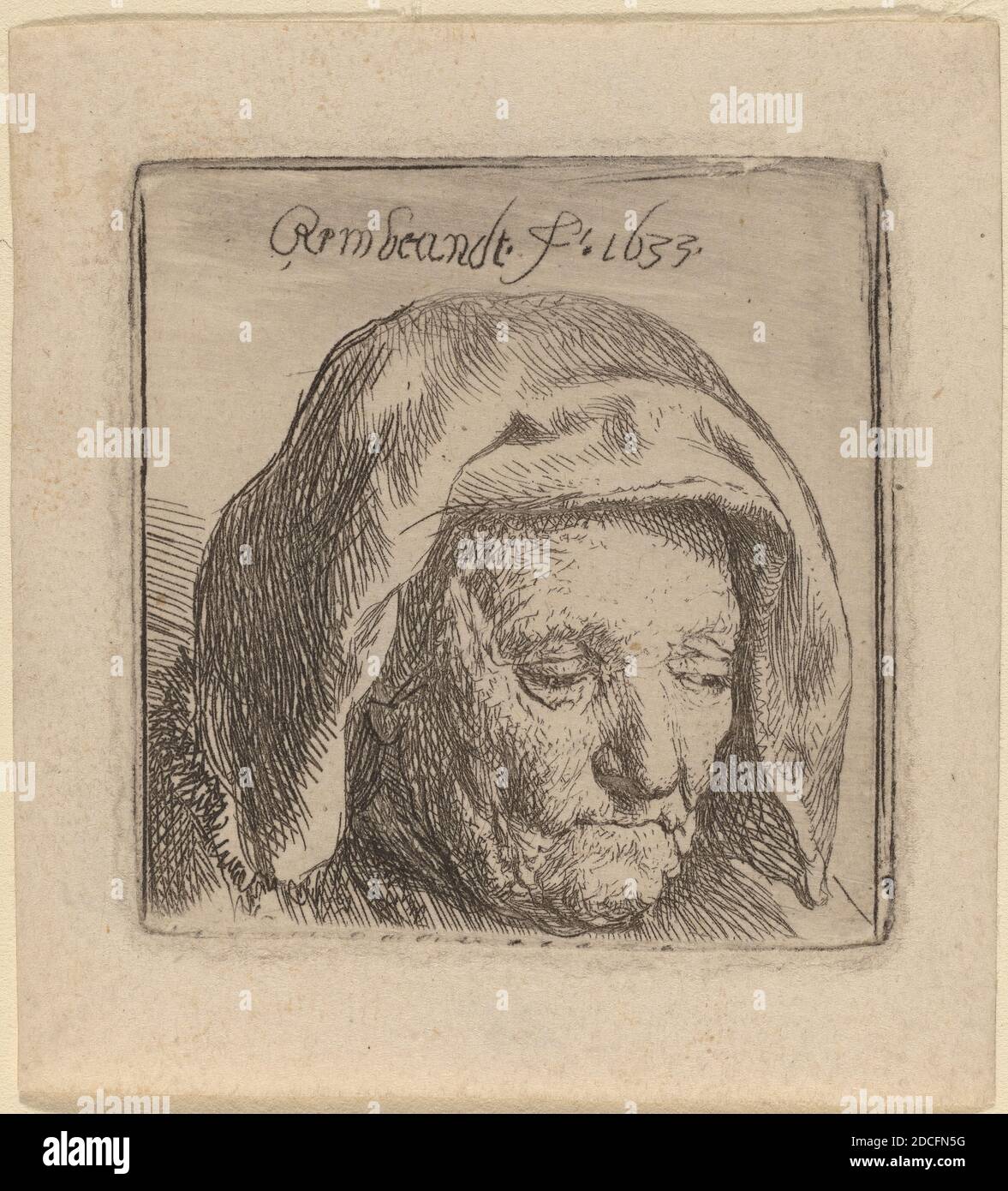 Rembrandt van Rijn, (artiste), néerlandais, 1606 - 1669, la mère de l'artiste dans un tissu Headdress, regarder vers le bas, 1633, gravure Banque D'Images