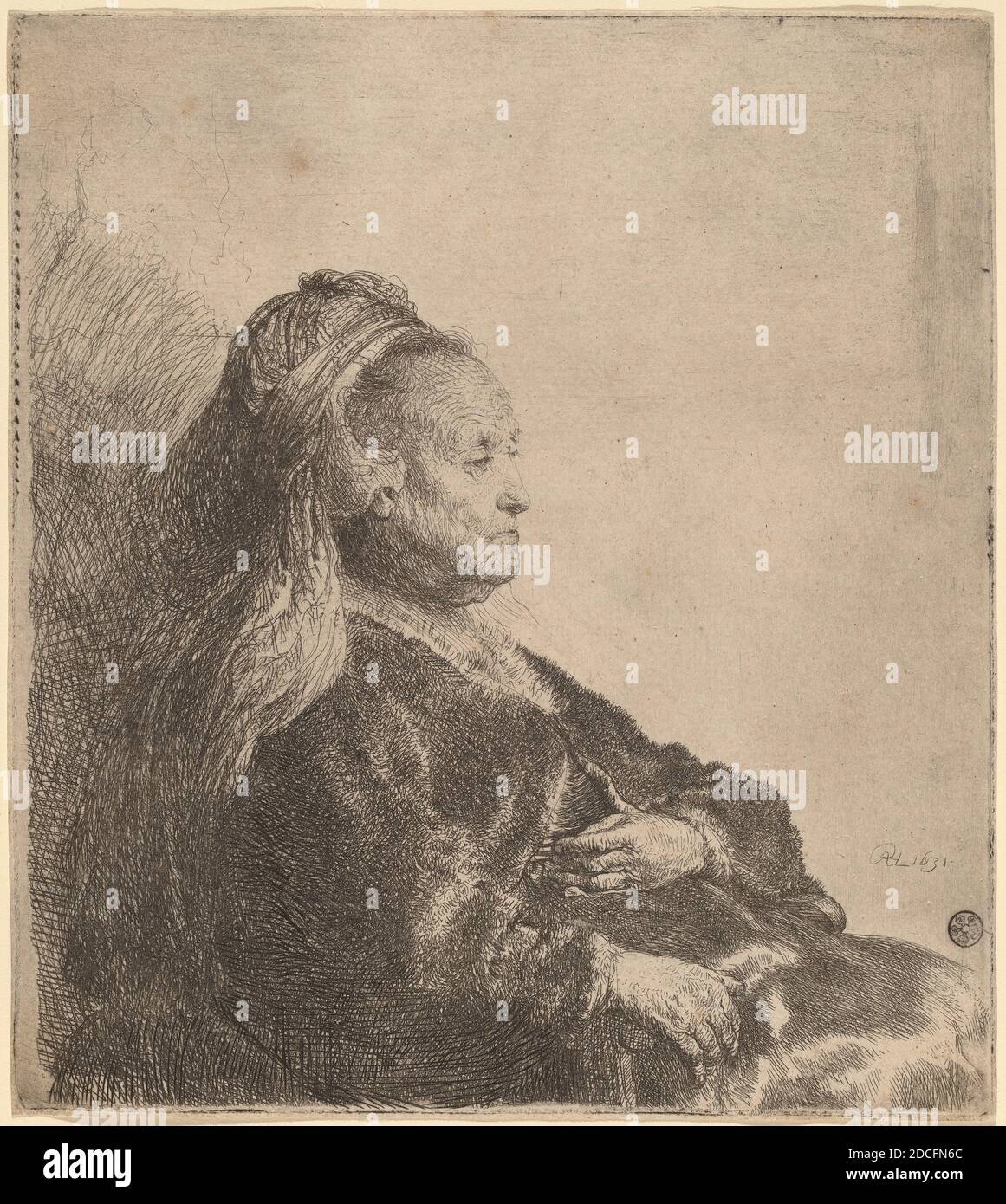 Rembrandt van Rijn, (artiste), néerlandais, 1606 - 1669, la mère de l'artiste assise, dans un Héraut oriental, 1631, gravure Banque D'Images