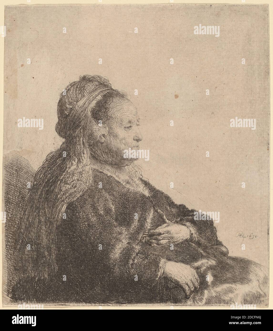 Rembrandt van Rijn, (artiste), néerlandais, 1606 - 1669, la mère de l'artiste assise, dans un Héraut oriental, 1631, gravure Banque D'Images
