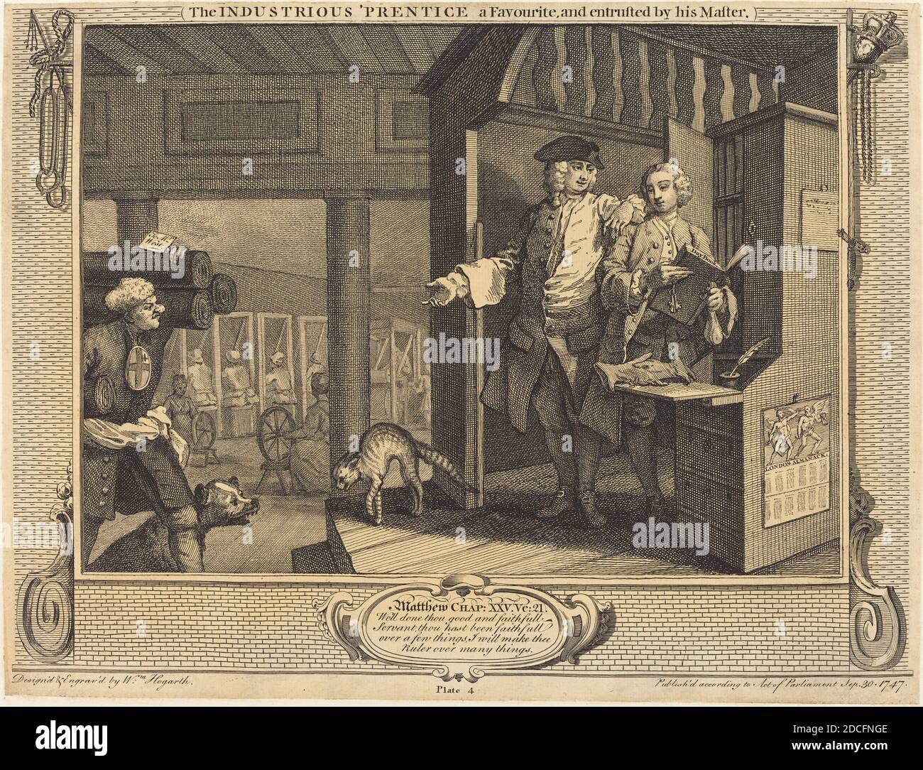 William Hogarth, (artiste), Anglais, 1697 - 1764, l'industriel 'Prentice a Favorite, et confié par son Maître, Industrie et idleness: pl.4, (série), 1747, gravure et gravure Banque D'Images