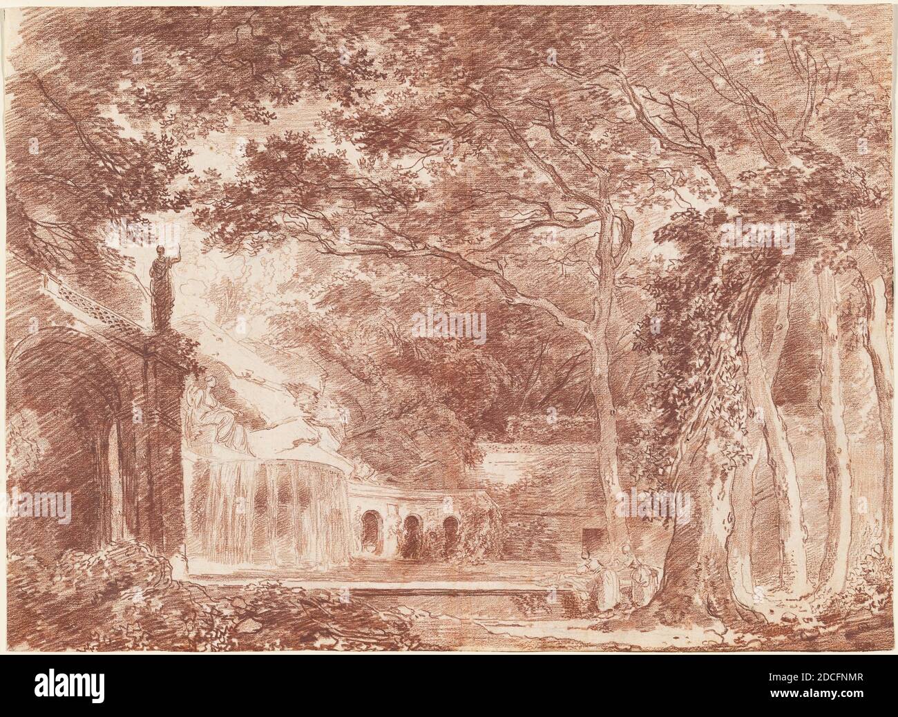 Hubert Robert, (artiste), français, 1733 - 1808, la fontaine ovale dans les jardins de la Villa d'Este, Tivoli, 1760, craie rouge sur graphite sur papier ponté, total: 32.7 x 45.1 cm (12 7/8 x 17 3/4 po Banque D'Images