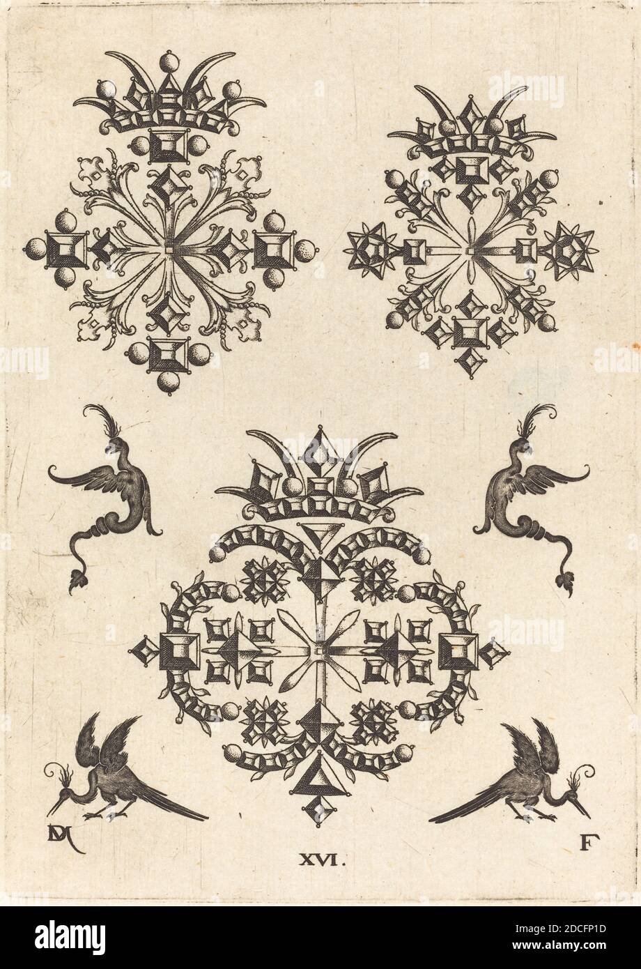 Daniel Mignot, (artiste), allemand, actif 1593/1596, trois broches avec Fantasy Birds à gauche, à droite et en bas, broches : pl.16, (série), 1596, gravure Banque D'Images
