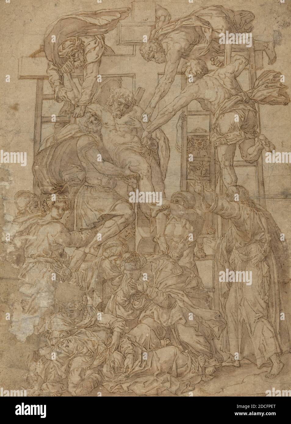 Artiste anonyme, (artiste), Daniele Ricciarelli, (artiste après), Italien, c. 1509 - 1566, descente de la croix, stylo et encre brune avec lavage brun sur papier couté, taille de la vue: 39.7 x 29.3 cm (15 5/8 x 11 9/16 po.), support: 61.6 x 51.1 cm (24 1/4 x 20 1/8 po Banque D'Images