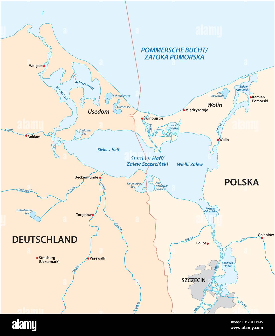 Carte vectorielle de la lagune de Szczecin dans l'estuaire de La rivière Oder dans la mer Baltique Illustration de Vecteur