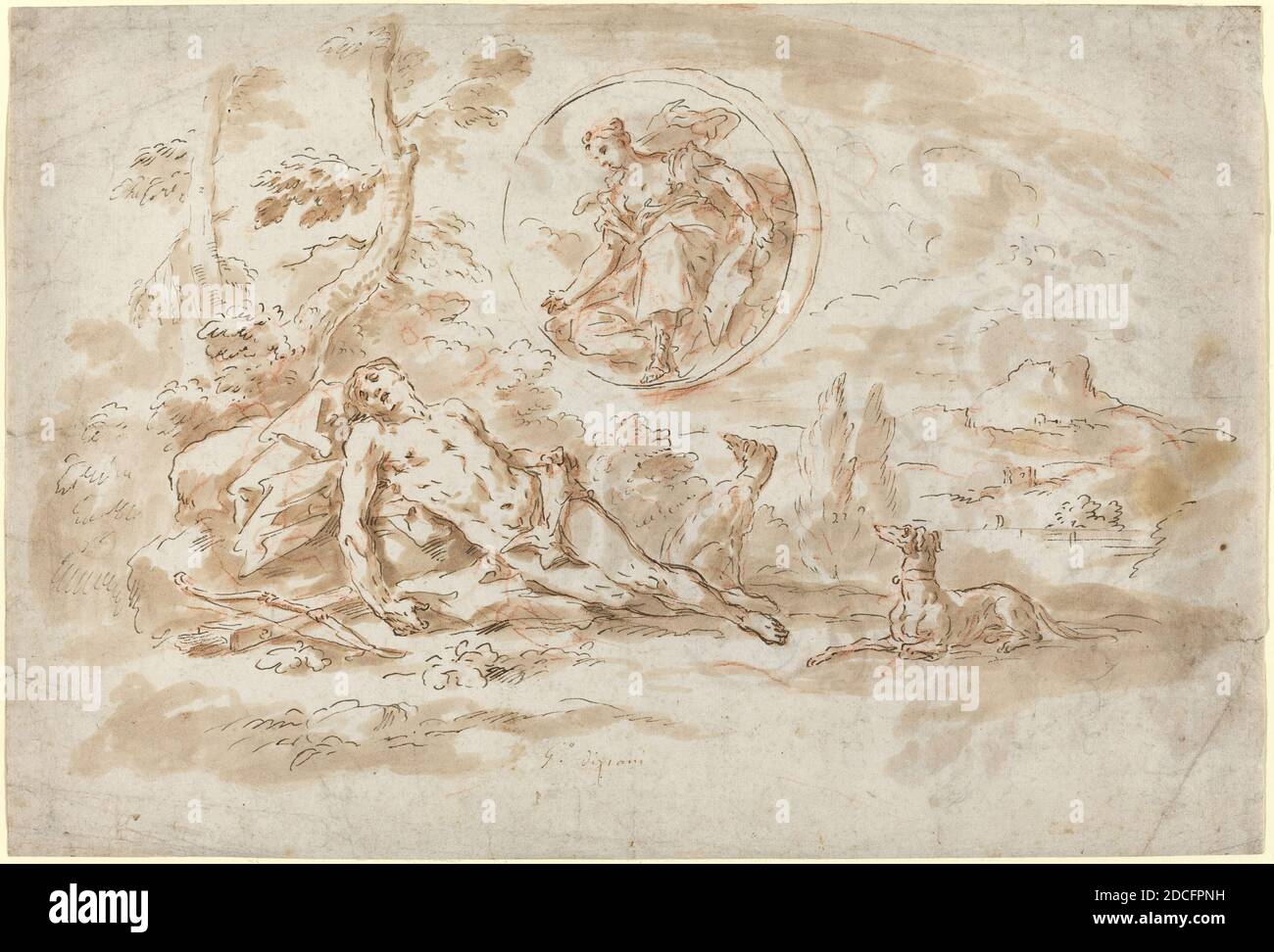 Gaspare Diziani, (artiste), Venetian, 1689 - 1767, Diana et Endymion, stylo et encre brune avec lavage brun et craie rouge, total: 23.9 x 35.1 cm (9 7/16 x 13 13/16 po Banque D'Images