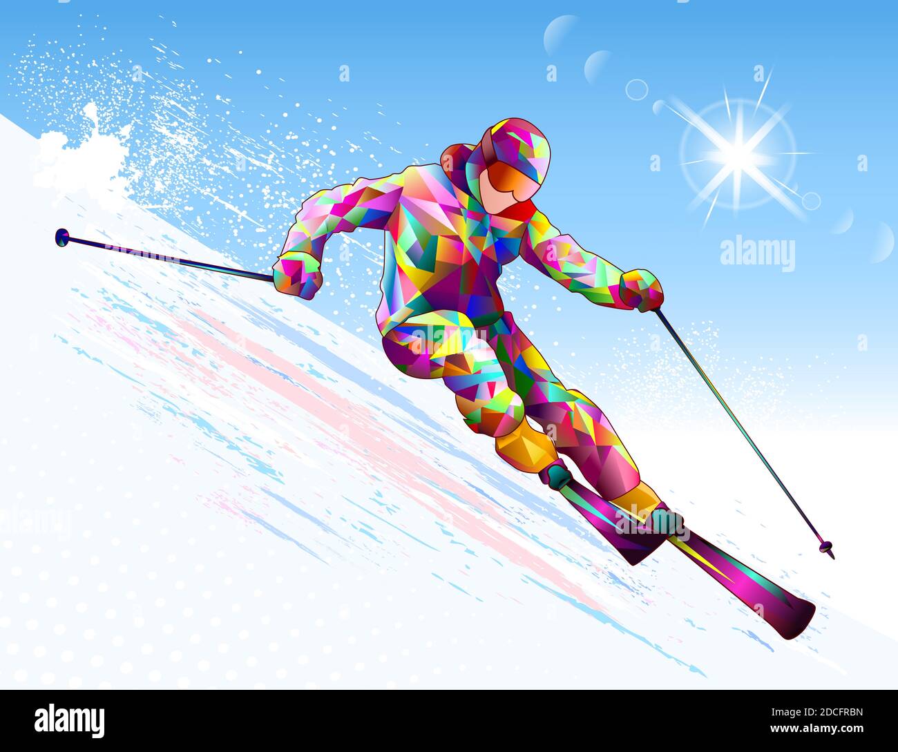 Un skieur mâle descend sur des skis sur fond de ciel et de soleil. Skieur alpin sur une pente enneigée. Illustration de Vecteur