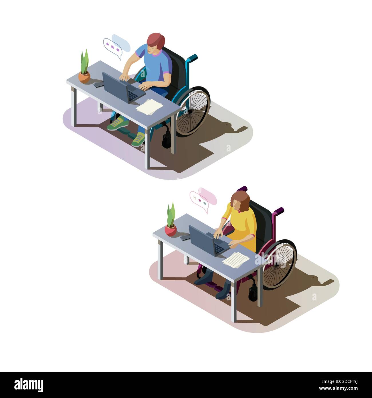 Une femme et un homme handicapé sont assis à une table et travaillent sur l'ordinateur. Invalides en fauteuil roulant qui travaillent ou communiquent en ligne. Personnages handicapés sur le lieu de travail, illustration 3d isométrique. Illustration de Vecteur