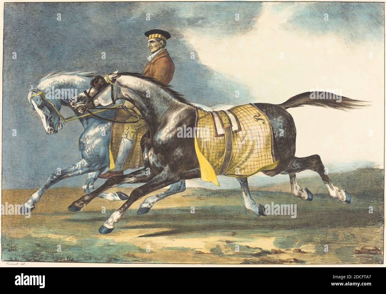 Léon Cogniet, (artiste), Français, 1794 - 1880, Théodore Gericault, (artiste), Français, 1791 - 1824, deux chevaux Dapple-Grey en exercice (deux chevaux gris gris pommelé que l'on promène), Grands chevaux (grands chevaux), (série), 1822, lithographie couleur Banque D'Images