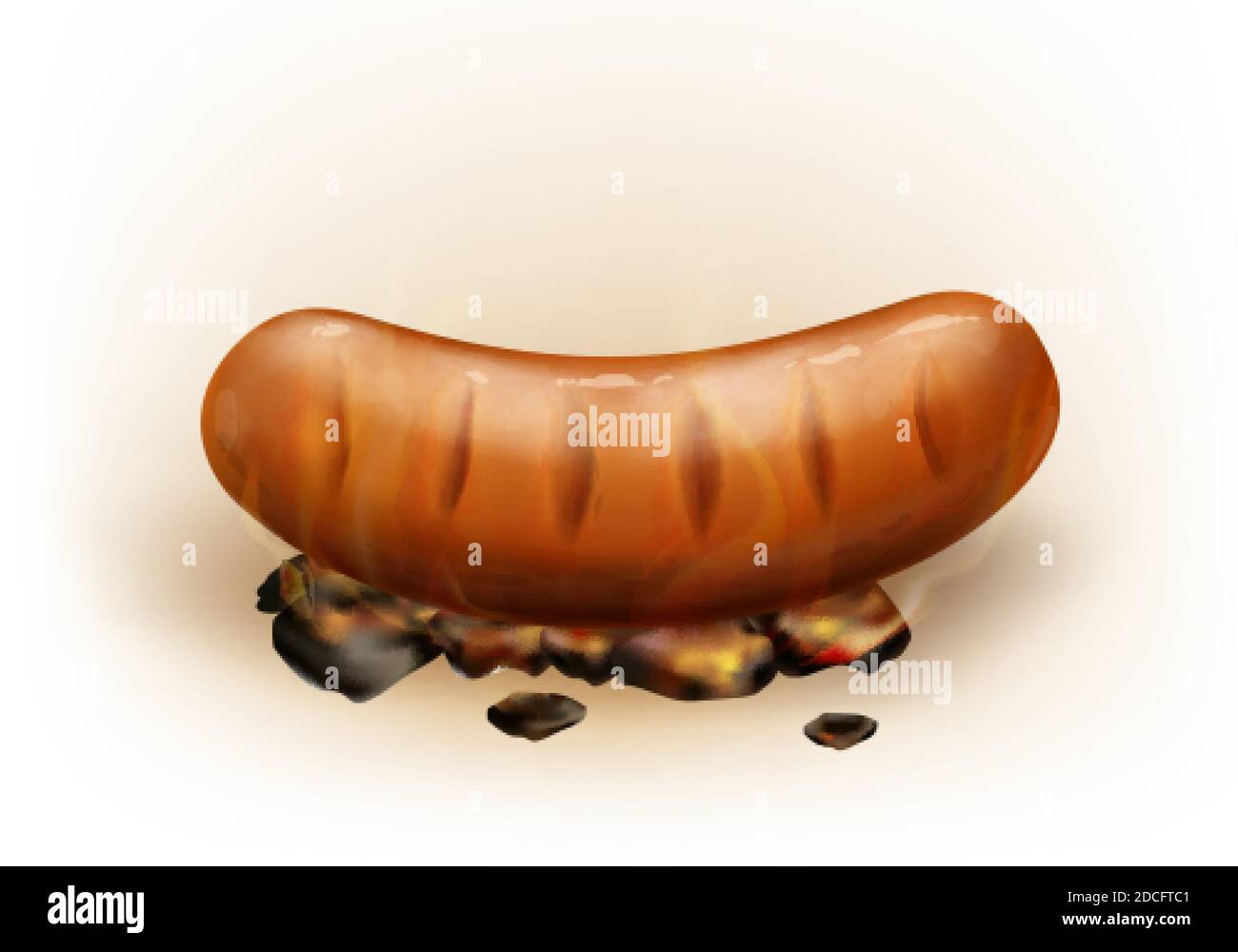 Saucisse grillée au jus chaud et réaliste Vector torréfiée sur des charbons, isolée sur fond blanc. Viande de porc ou de bœuf bratwurst cuite sur du charbon de bois couvant. Picni Illustration de Vecteur