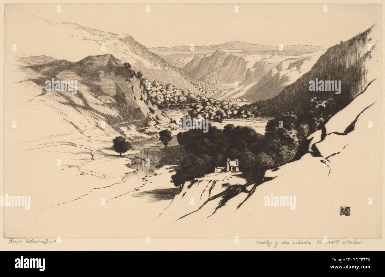 George Elbert Burr, (artiste), cuisine américaine, 1859 - 1939, Valley of the Lledr, pays de Galles du Nord (no.1), ch. 1910, pointe sèche en noir sur papier ponté, plaque: 12.5 x 20.1 cm (4 15/16 x 7 15/16 in.), feuille: 19.8 x 30.4 cm (7 13/16 x 11 15/16 in Banque D'Images
