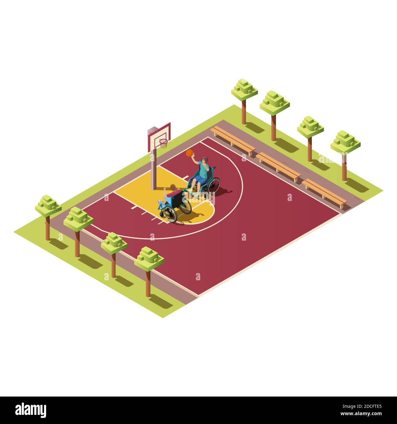 Les joueurs de sport avec le ballon, les personnes handicapées. Composition isométrique avec deux invalides en fauteuil roulant jouant au basket-ball sur un vecteur de terrain sportif Illustration de Vecteur
