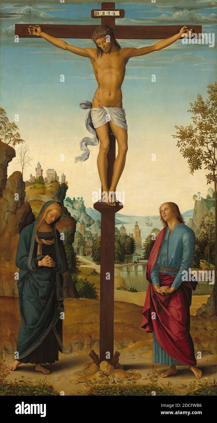 Pietro Perugino, (peintre), Umbrian, c. 1450 - 1523, la Crucifixion avec la Vierge, Saint John, Saint Jérôme, et Saint Mary Magdalene, c. 1482/1485, huile sur panneau transférée sur toile, panneau central: 101.5 x 56.5 cm (39 15/16 x 22 1/4 in.), encadré: 134 x 165.1 x 7.3 cm (52 3/4 x 65 x 2 7/8 in.), Pietro Vannucci, appelé Perugino d'après la ville dans laquelle il vit souvent, collabora Banque D'Images Pietro Perugino, (peintre), Umbrian, c. 1450 - 1523, la Crucifixion avec la Vierge, Saint John, Saint Jérôme, et Saint Mary Magdalene, c. 1482/1485, huile sur panneau transférée sur toile, panneau central: 101.5 x 56.5 cm (39 15/16 x 22 1/4 in.), encadré: 134 x 165.1 x 7.3 cm (52 3/4 x 65 x 2 7/8 in.), Pietro Vannucci, appelé Perugino d'après la ville dans laquelle il vit souvent, collabora Banque D'Images