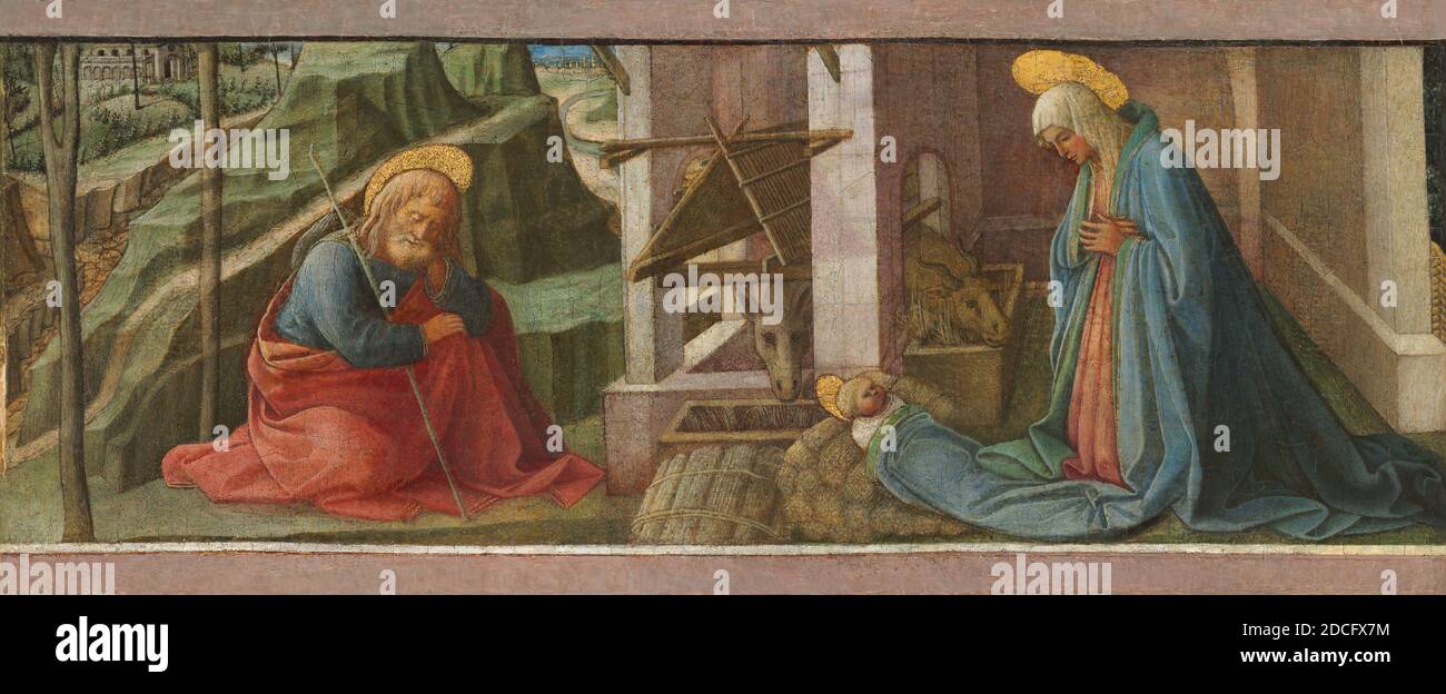 FRA Filippo Lippi, (peintre), Florentine, c. 1406 - 1469, italien du XVe siècle, (artiste), la Nativité, probablement c. 1445, huile et température (?) sur panneau, hors tout : 23.2 x 55.3 cm (9 1/8 x 21 3/4 po.), encadré : 27.9 x 59.7 x 5.7 cm (11 x 23 1/2 x 2 1/4 po Banque D'Images
