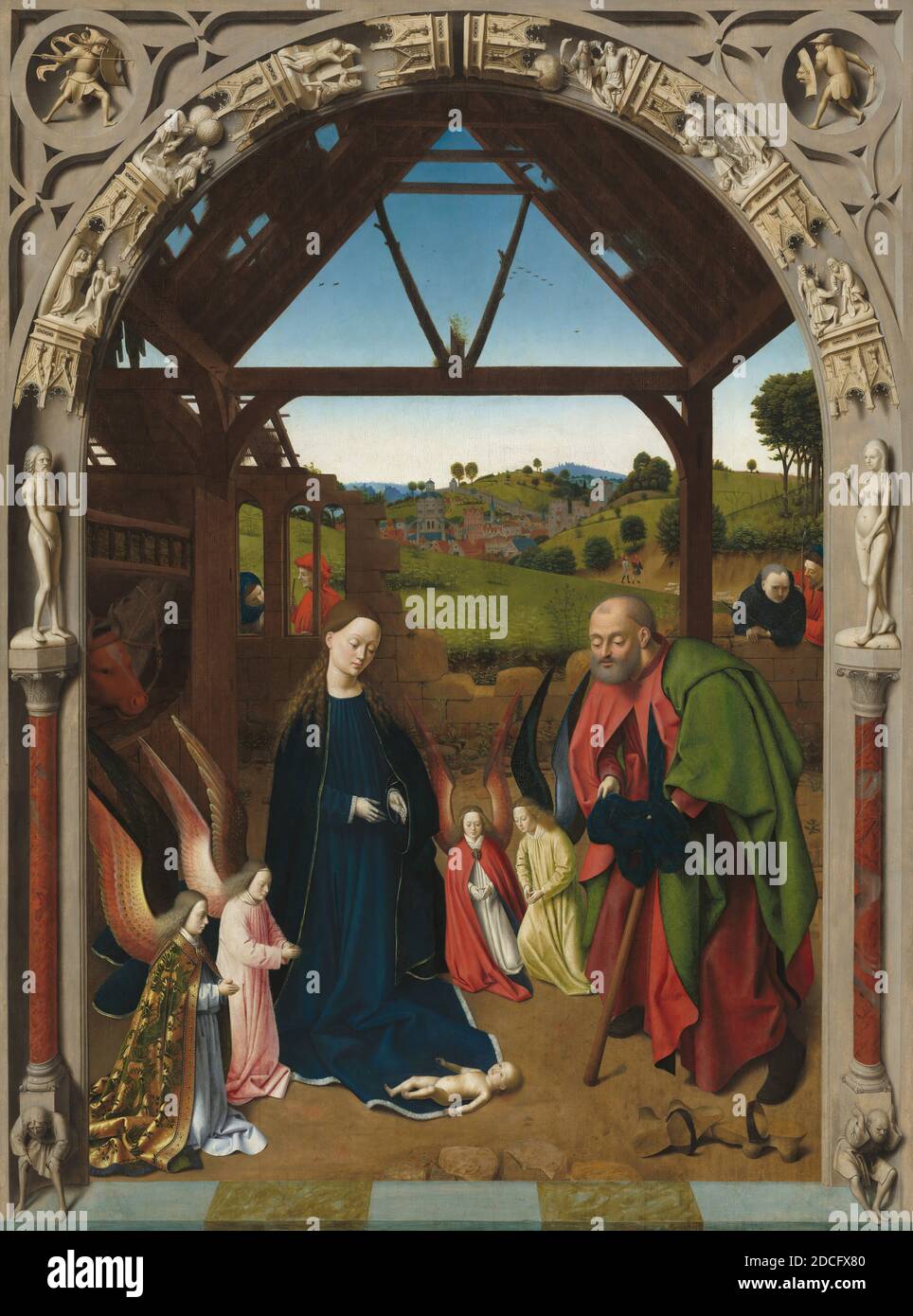 Petrus Christus, (artiste), Netherlandish, actif 1444 - 1475/1476, The Nativité, c. 1450, huile sur panneau, surface peinte : 127.6 x 94.9 cm (50 1/4 x 37 3/8 in.), hors tout (panneau) : 130 x 97 cm (51 3/16 x 38 3/16 in.), encadré : 149.2 x 118.4 cm (58 3/4 x 46 5/8 po), la Nativité, l'une des plus importantes peintures de Dévotion de Petrus Christus, souligne la nature sacrificielle de la venue du Christ et montre la scène comme faisant partie d'une chaîne d'événements dans l'histoire de la chute et de la Rédemption de l'humanité. Au premier plan, une arcade sculptée affiche des scènes de la chute comme décrit dans Genèse Banque D'Images