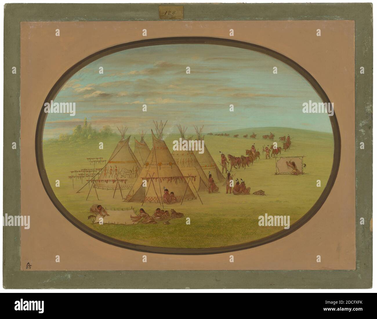 George Catlin, (artiste), cuisine américaine, 1796 - 1872, UN petit village Sioux, 1861/1869, huile sur carte montée sur carton, total: 47.6 x 63.8 cm (18 3/4 x 25 1/8 po Banque D'Images