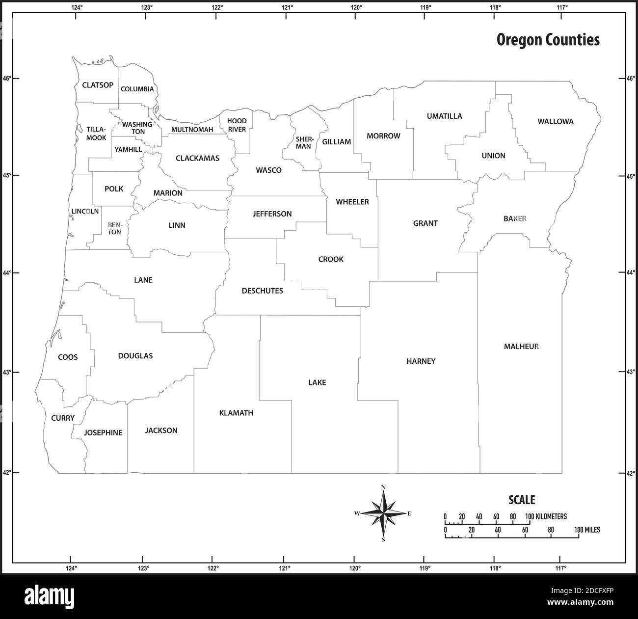 Carte administrative et politique de l'état de l'Oregon en noir et blanc Illustration de Vecteur