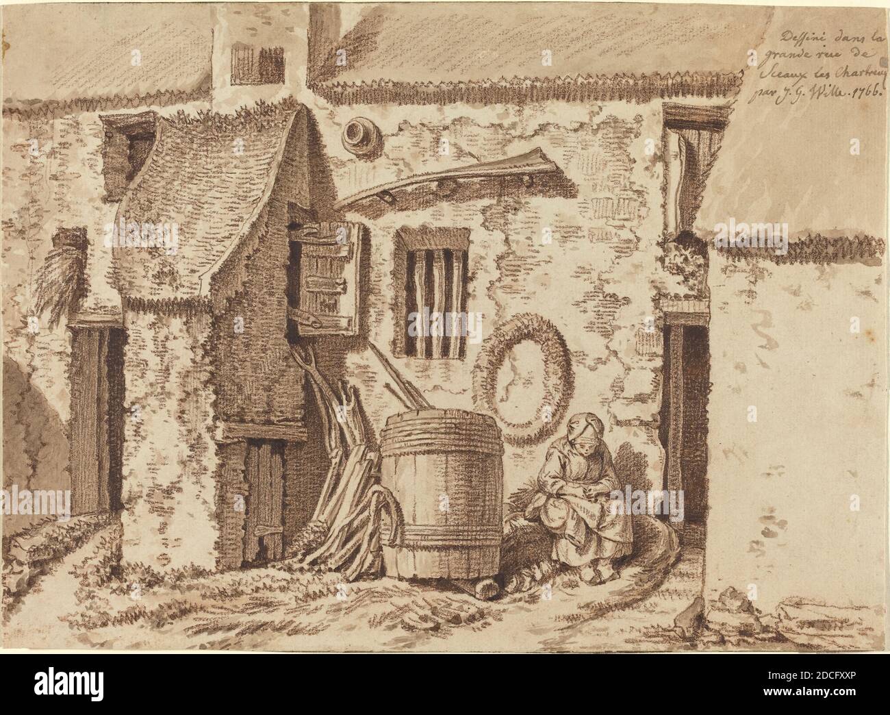 Johann Georg Wille, (artiste), allemand, 1715 - 1808, UNE maison rustique dans la Grand rue à Sceaux-les-Chartreux, 1766, craie brune et lavage brun sur papier ponté, total: 20.6 x 28.1 cm (8 1/8 x 11 1/16 po Banque D'Images