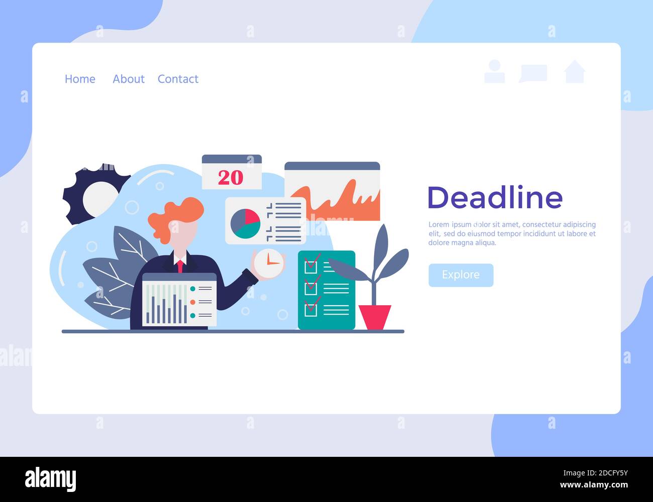 Concept vectoriel de gestion du temps de travail avec caractère, réveil, planification des tâches métier, points de contrôle de planning, planificateur. L'illustration peut être utilisée Illustration de Vecteur