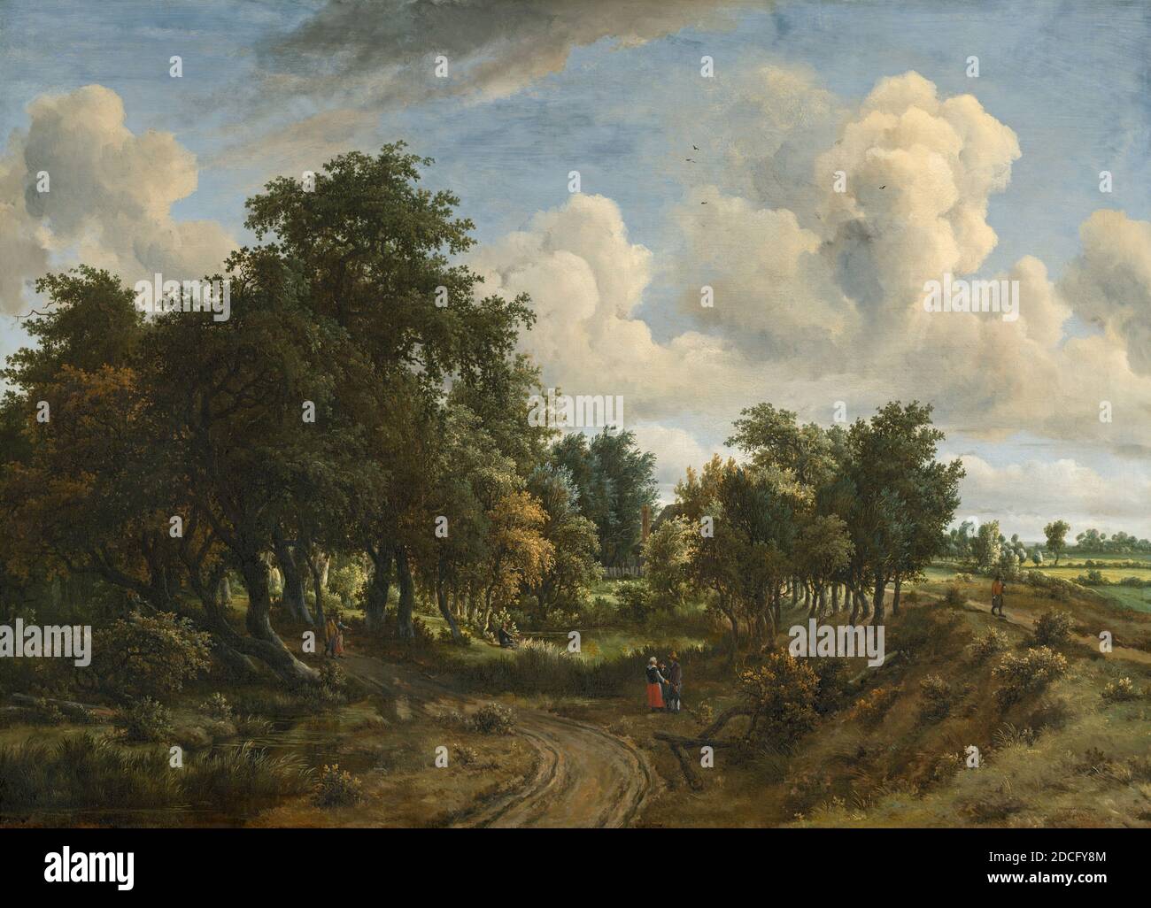 Meindert Hobbema, (artiste), néerlandais, 1638 - 1709, UN paysage boisé, 1663, huile sur toile, total : 94.7 x 130.5 cm (37 5/16 x 51 3/8 po), Meindert Hobbema a étudié sous le nom de l'artiste de paysage Jacob van Ruisdael, et quelques-unes de ses compositions ont évolué de l'œuvre de son maître d'époque. Hobbema s'est approché de la nature de manière directe, représentant des paysages pittoresques et ruraux, enlivenés par la présence de paysans ou de chasseurs. Il réutilise souvent des motifs favoris tels que de vieux moulins à eau, des chalets au toit de chaume et des digues à embobrendre, les réorganisant en de nouvelles compositions Banque D'Images