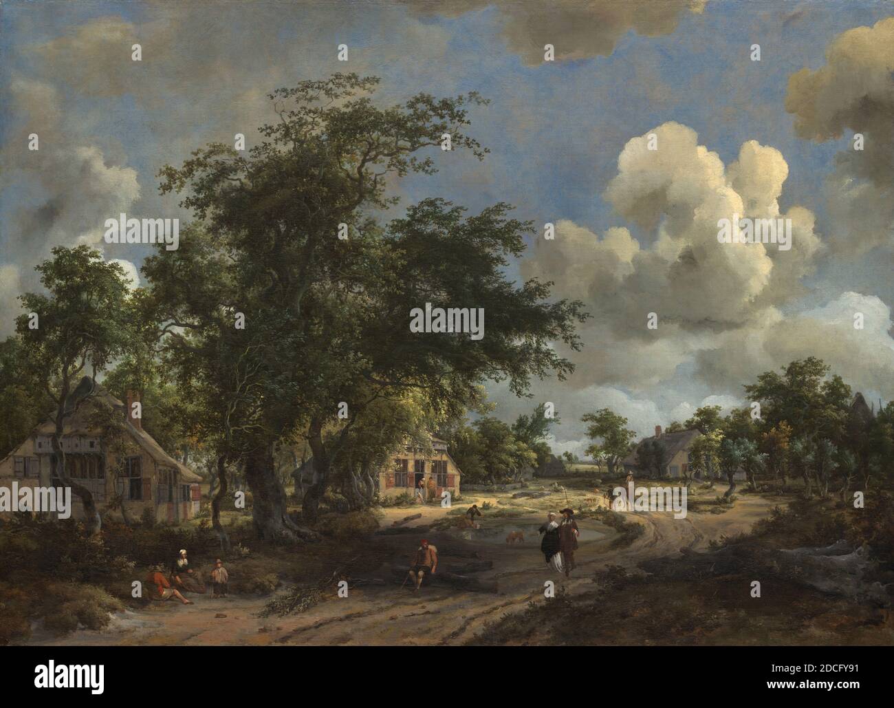 Meindert Hobbema, (artiste), néerlandais, 1638 - 1709, UNE vue sur une route de haut niveau, 1665, huile sur toile, total: 93.1 x 127.8 cm (36 5/8 x 50 5/16 in.), encadré: 122.6 x 158.4 cm (48 1/4 x 62 3/8 po), Meindert Hobbema a étudié sous le nom de l'artiste de paysage Jacob van Ruisdael, et quelques-unes de ses compositions ont évolué de l'œuvre de son maître d'époque. Hobbema s'est approché de la nature de manière directe, représentant des paysages pittoresques et ruraux, enlivenés par la présence de paysans ou de chasseurs. Il réutilise souvent des motifs favoris tels que de vieilles moulins à eau, des chalets au toit de chaume et des digues à motif embanké Banque D'Images
