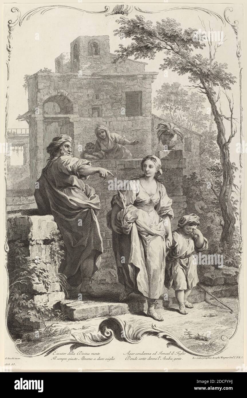 Joseph Wagner, (éditeur), allemand, 1706 - 1780, Giuseppe Zocchi, (artiste après), florentin, 1711 - 1767, Abraham rejetant Hagar, scènes de l'ancien Testament, (série), c. 1745, gravure et gravure sur papier couté, feuille (découpée au repère de la plaque) : 52.5 x 34.2 cm (20 11/16 x 13 7/16 po Banque D'Images