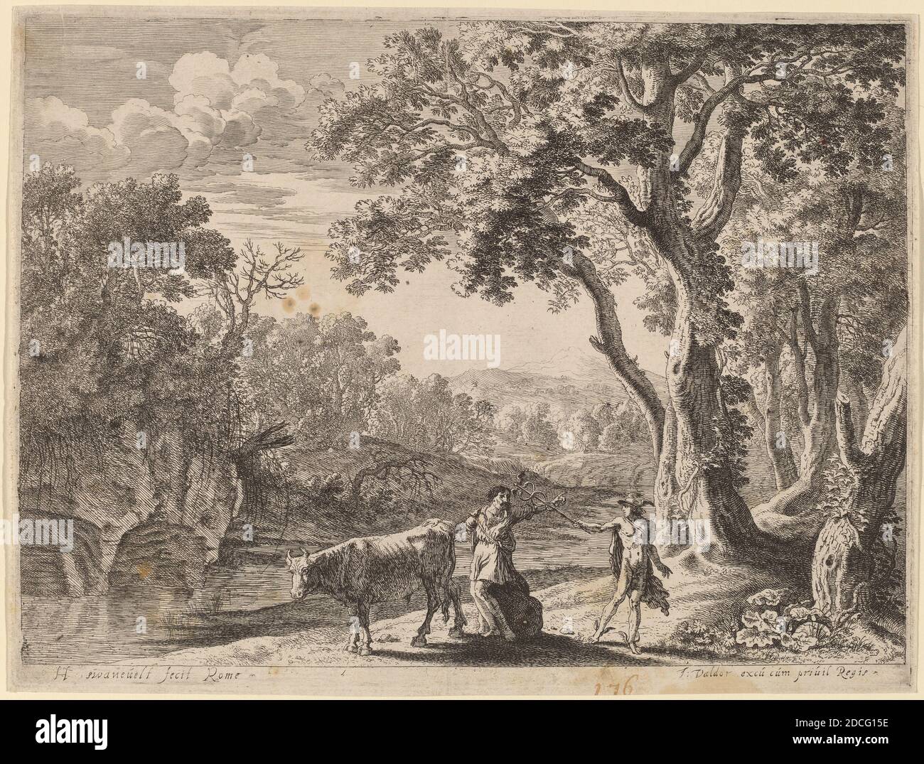 Herman van Swanevelt, (artiste), Néerlandais, c. 1600 - 1655, Battus transformé en Pierre, paysages avec des sujets mythologiques, (série), gravure Banque D'Images