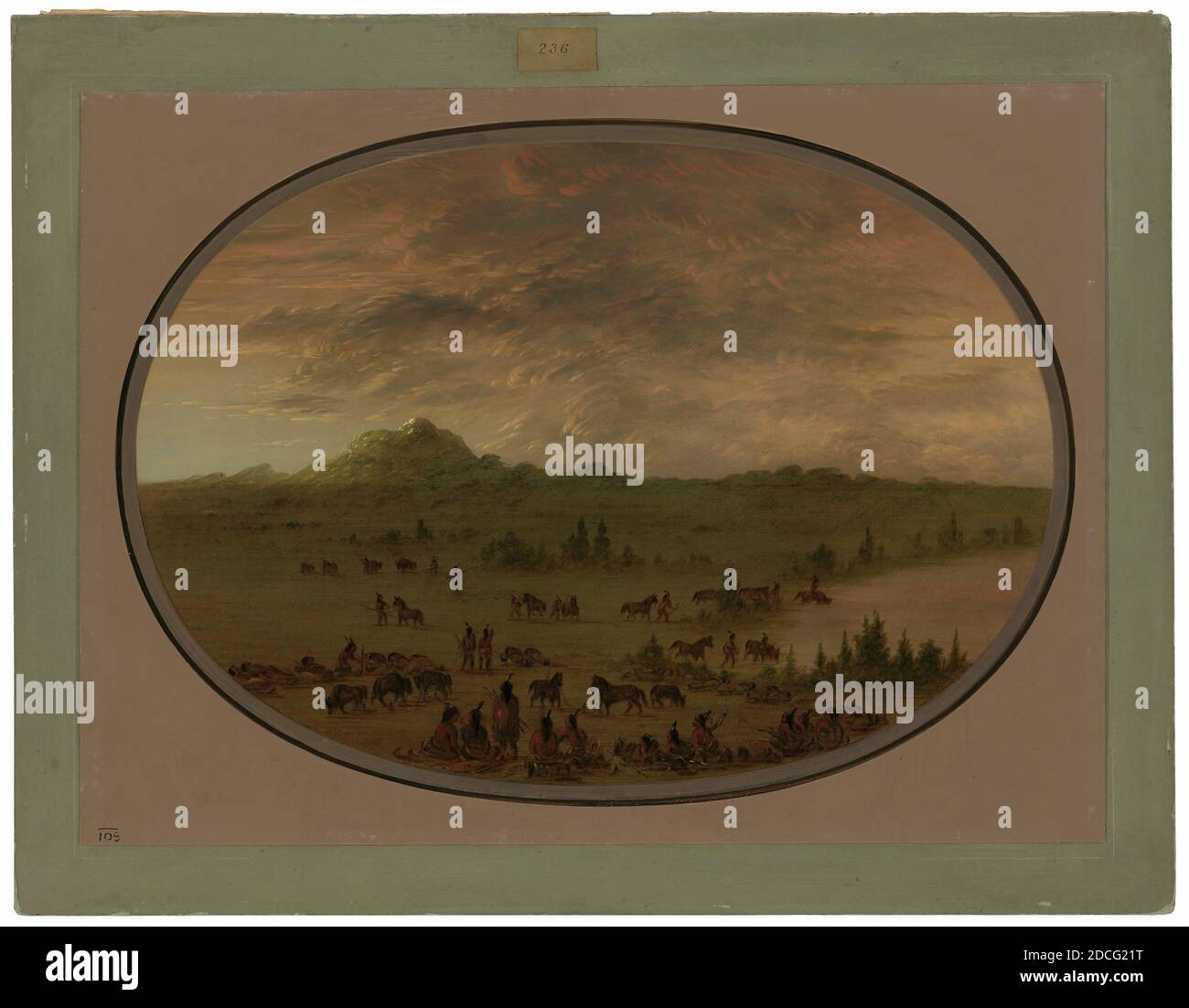 George Catlin, (artiste), américain, 1796 - 1872, Bivouac d'un Sioux War Party à Sunrise, 1861/1869, huile sur carte montée sur carton, total: 45.8 x 62.3 cm (18 1/16 x 24 1/2 po Banque D'Images